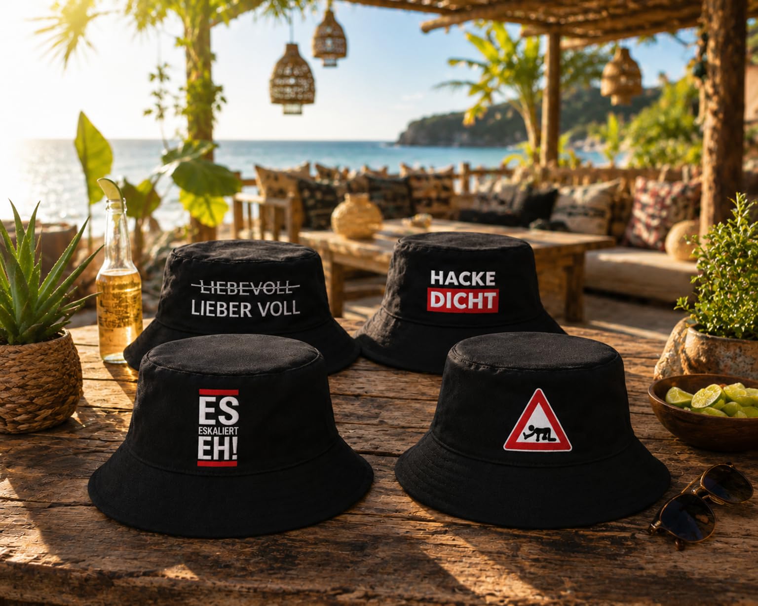 KAMACA 4er Set Fischerhut Partyhut mit Spruch – Bucket Hat – Lustige Partyhüte für Festival, Mallorca Urlaub, JGA, Strand & Sommerparty – Einheitsgröße Unisex