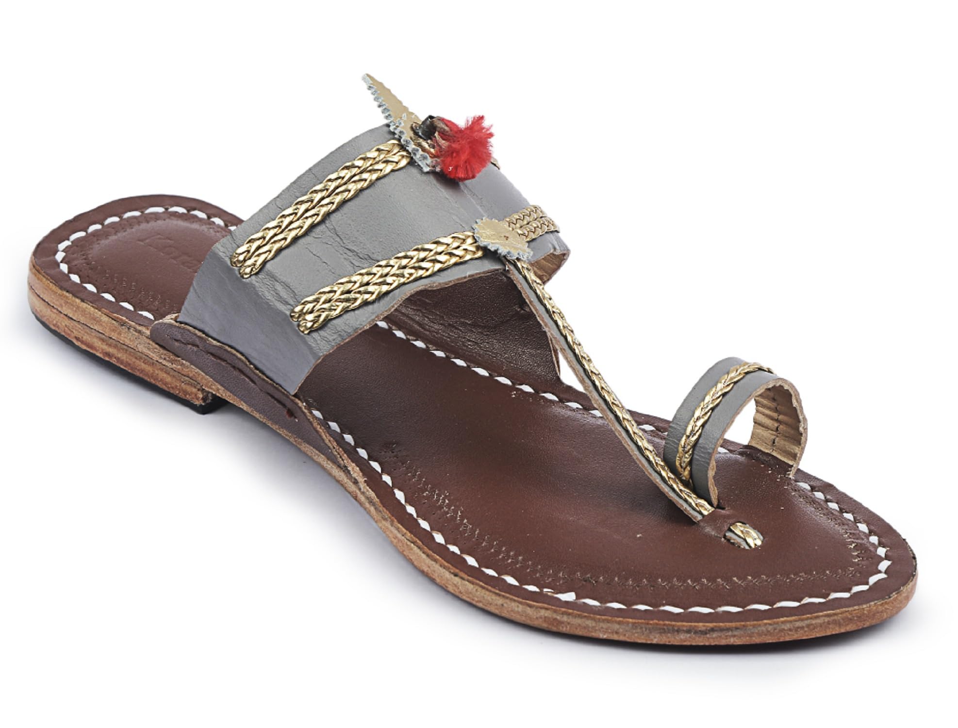 korakari Women's Kolhapuri Chappal with Golden Braids Smooth and Comfortable Flip Flops Slipper Grey Upper Red Brown Base Leather Handcrafted Sandal Anti Slip Design Traditional Footwear-picture-11