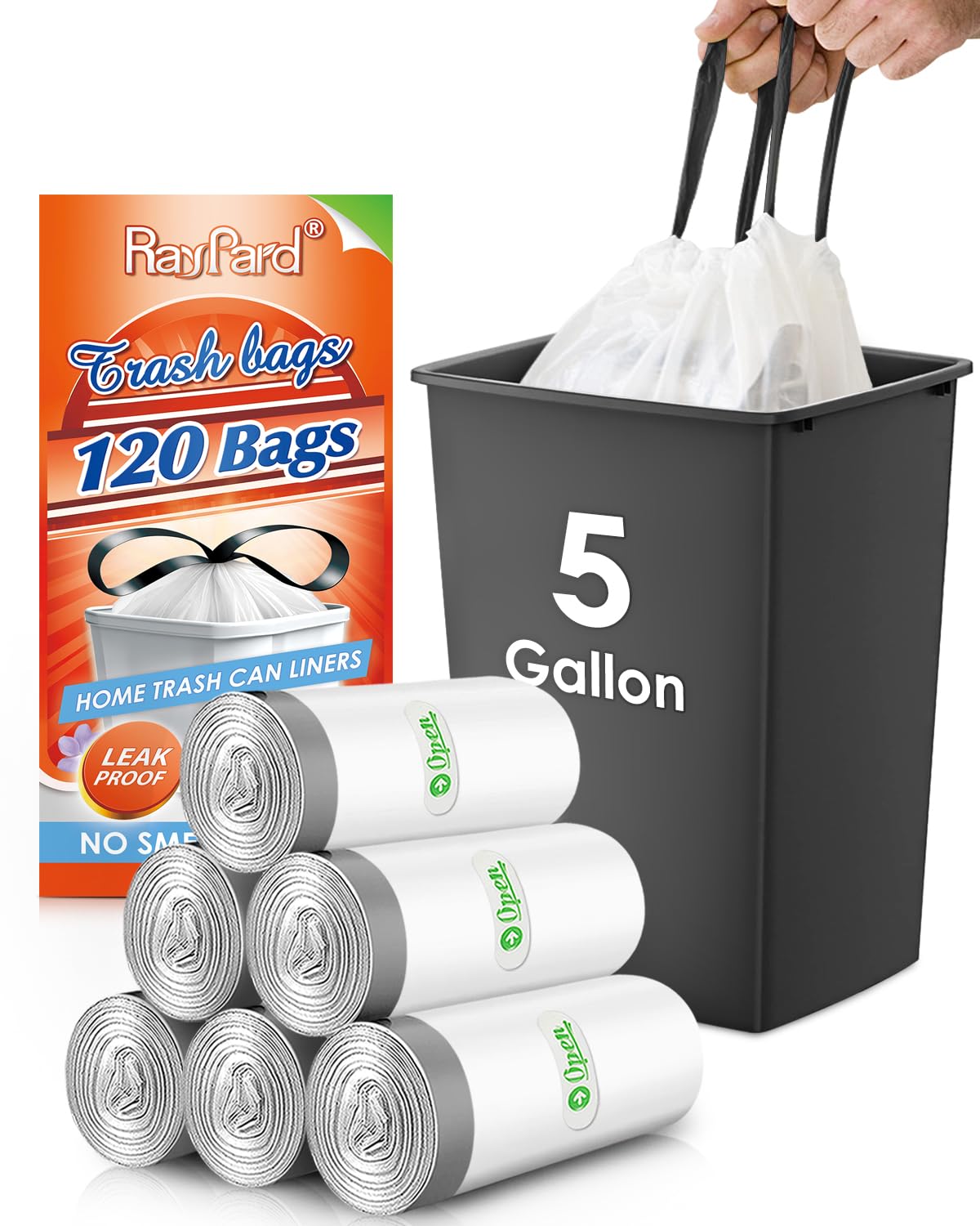 Bolsas de basura de 5 galones, 100 unidades con cordón fuerte, bolsas de basura pequeñas de plástico para cubos de basura de 18 a 20 litros para el hogar, oficina, cocina, baño, dormitorio,