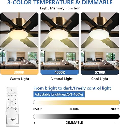 Miniatura 10 de reiga Ventilador de techo moderno de 52 pulgadas con luz, 3 aspas de motor CC negro y dorado, ventiladores de techo de madera, compatible con