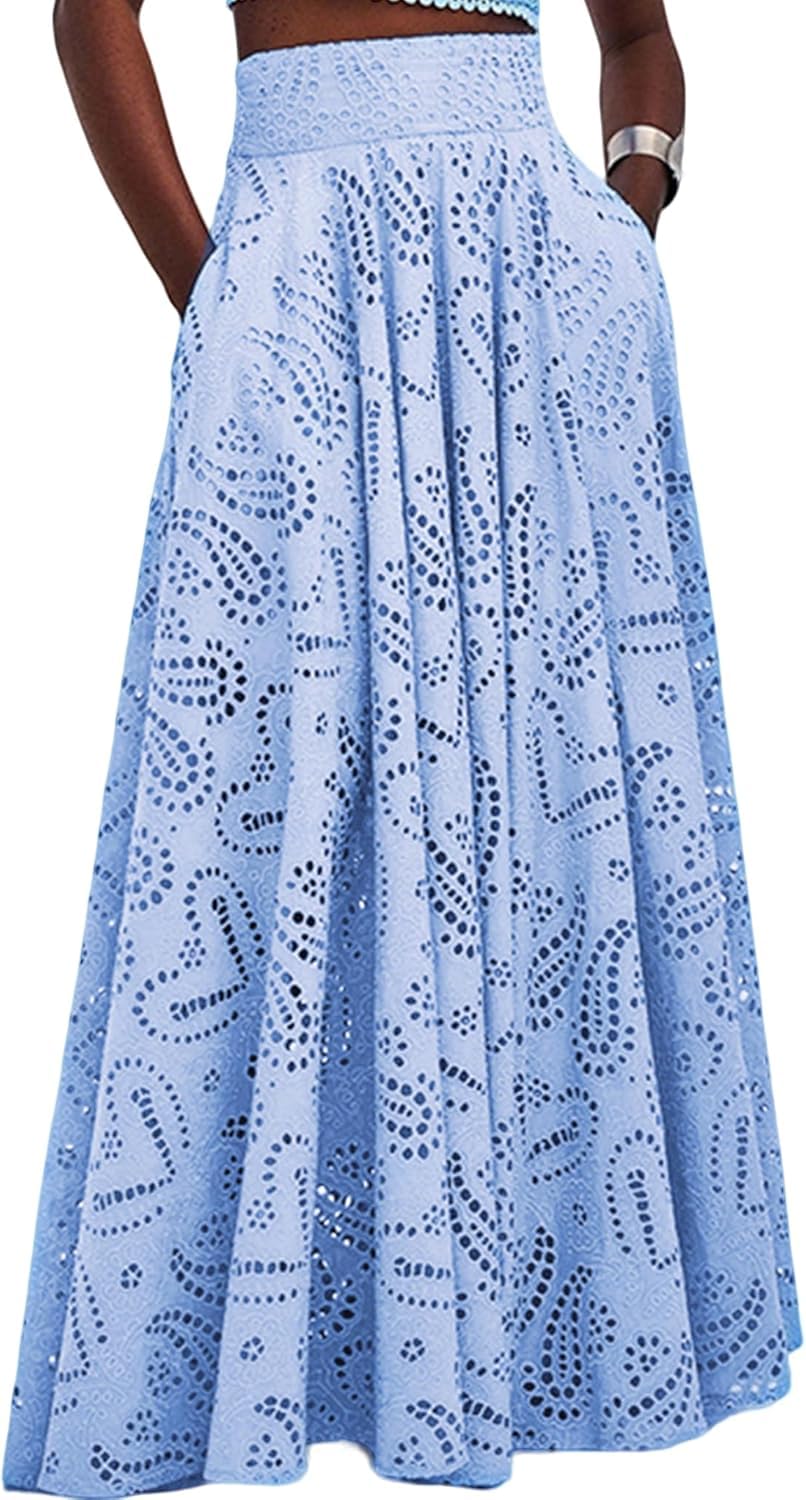 LLECDASEUI Women Summer Maxi Long Eyelet Embroidered Flowy High Waisted Party Club Sexy Skirt (Blue,XL)