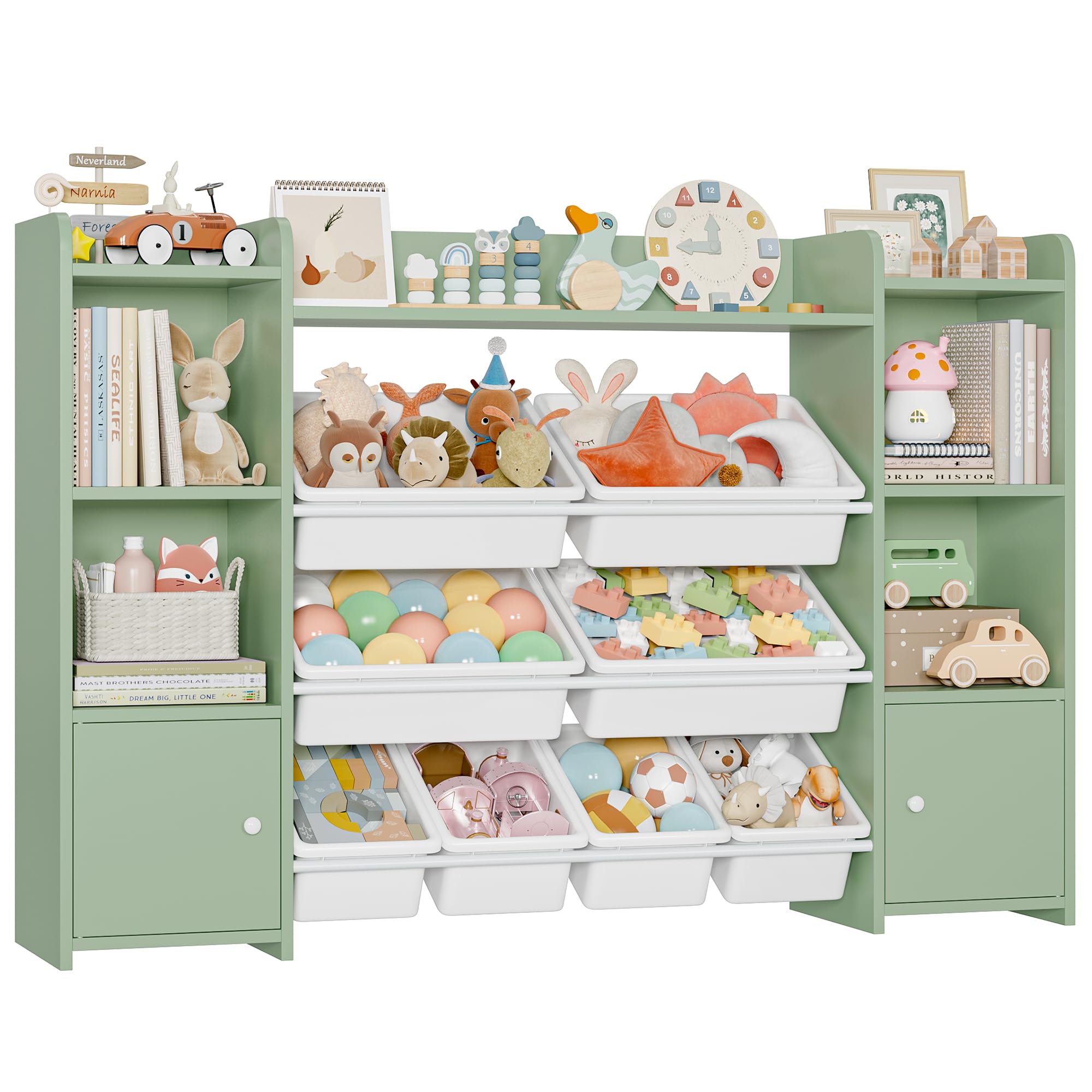 FOREHILL Kinderregal mit 8 Boxen Kinderzimmer Möbel Holz Bücherregal für Kinder Kinderzimmer Aufbewahrungsbox Kinderschrank mit Spielzeugkiste 138,8 x 94,3 x29,6 cm grün