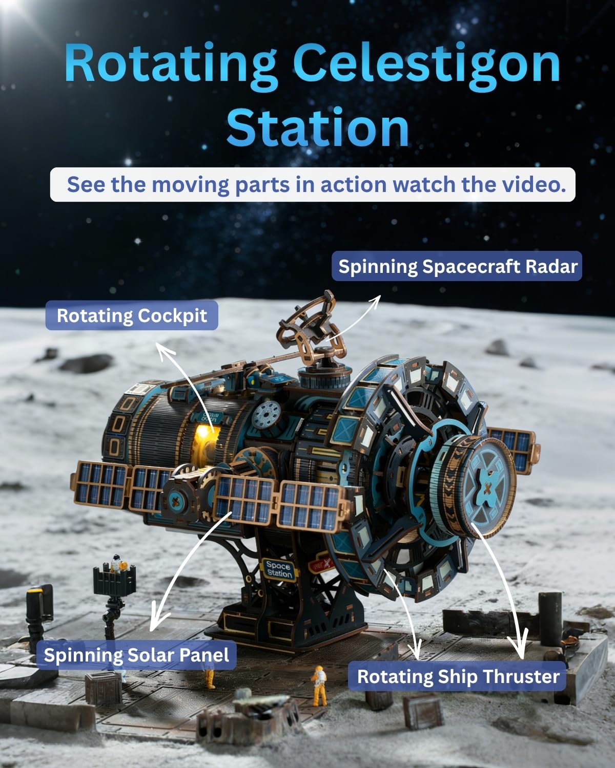 Jorival Celestigon Station - Puzzle meccanico 3D in legno 3D rotante a 360° per adulti, set di costruzione della stazione spaziale interstellare assemblata fai da te, modello giocattolo spaziale per