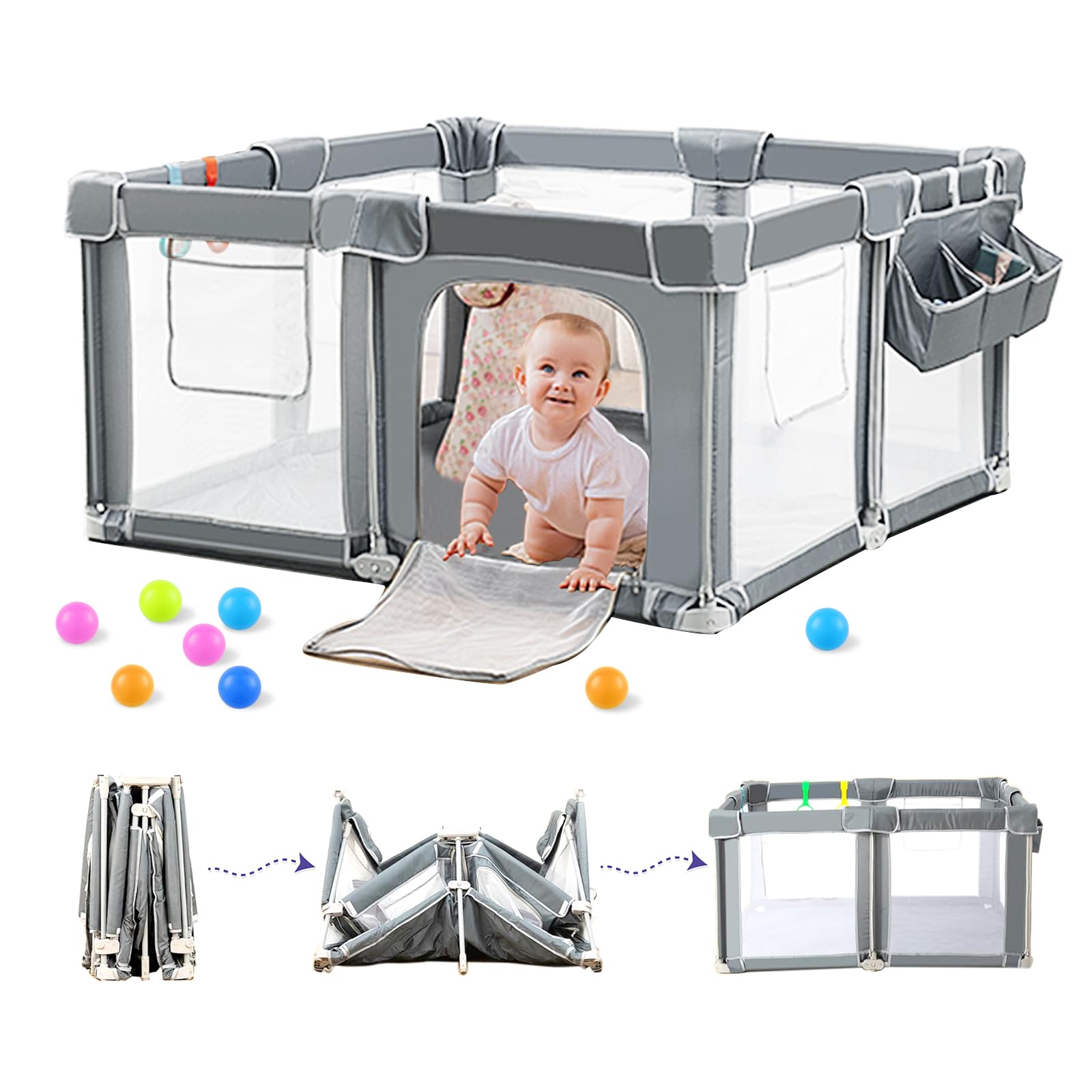 capakids foldable baby playpen 59"×71", out-of-the-box ready playpen for babies and toddlers, portable play yard with breathable mesh & gates, storage bag & 4 handlers for indoor & outdoor