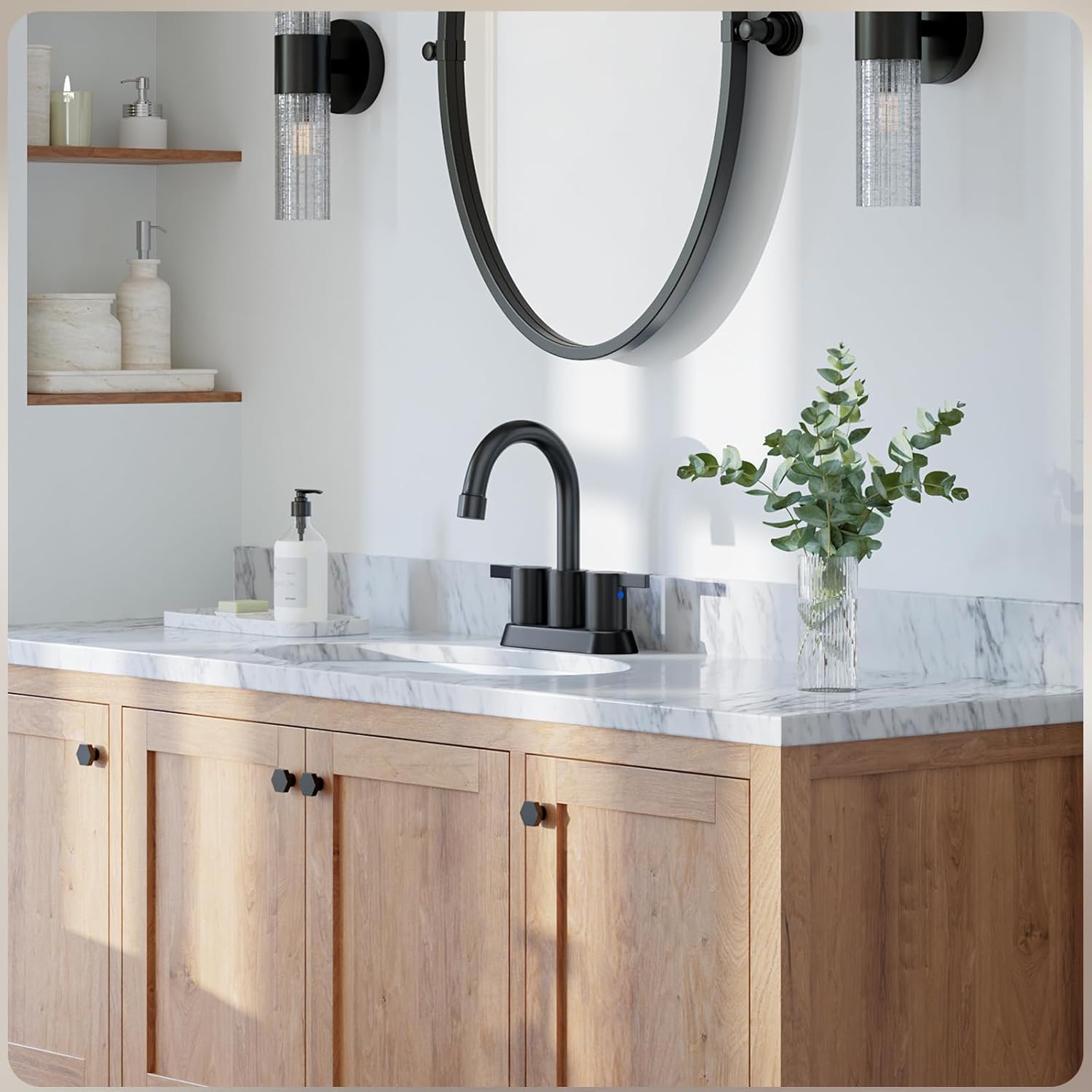 Phiestina 4 Inch 2 Handle Centerset Matte Black Lead-Free Modern Bathroom Faucet, 360 Swivel Spout 2-3 Hole RV Bathroom Vanity Sink Faucet with Pop Up Drain and Water Supply Lines,BF015-1-MB - Image 9