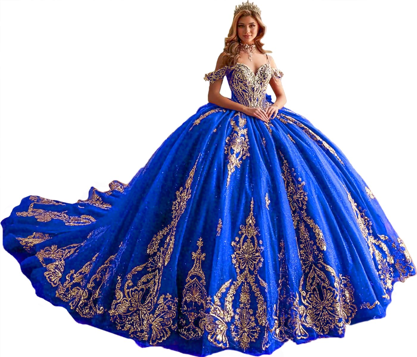 Gold Appliques Quinceanera Dresses Puffy Tulle Ball Gown Beaded Bow Sweet 16 Dresses with Tail Spaghetti Straps PM002