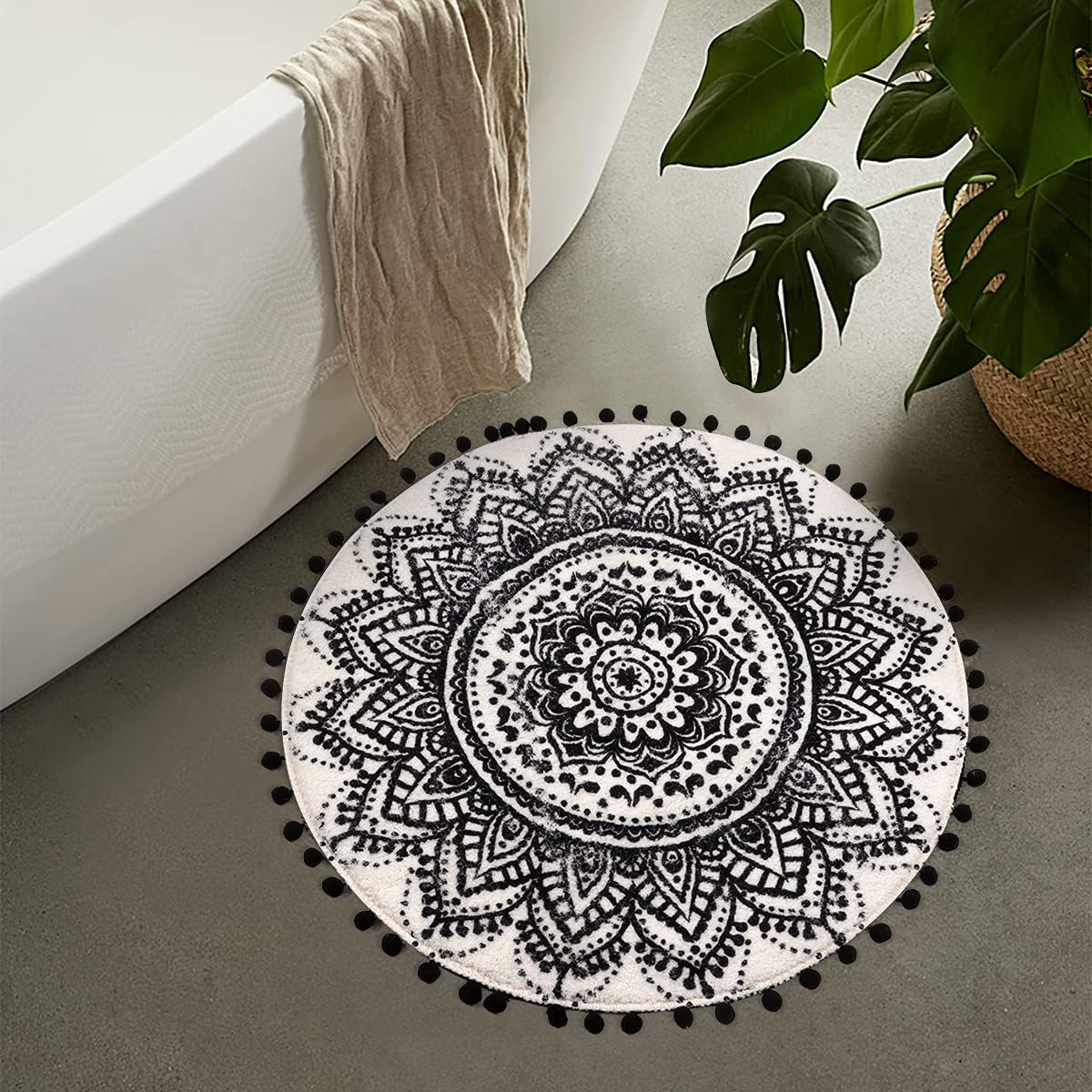 Buy Livebox Round Bath Rug 2ft Mandala Boho Small Area Rug With Chic Pom Pom Fringe Non Slip Machine Washable Personalized Ultra Soft Bathroom Mat Black And Cream Throw Rug For Bathroom Playroom