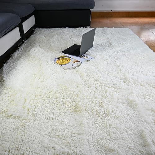 Beyeutao Alfombras blancas esponjosas de 4 x 5.3 pies, suaves, para interiores, modernas, esponjosas, para sala de estar, dormitorio de niñas,