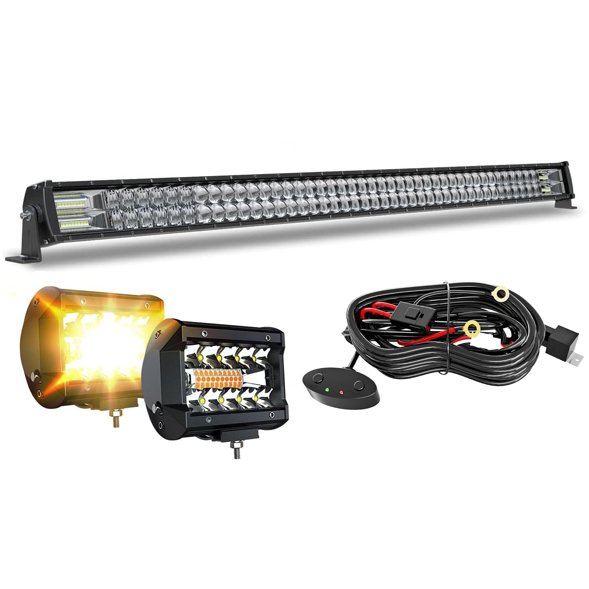 5D 52'' inch Straight LED Light Bar + 4'' inch White/Amber Yellow LED Pods Strobe Light Driving Fog Light Spot Flood Combo Beam Offroad Lighting with Switch Wiring Harness for Truck Pickup ATV