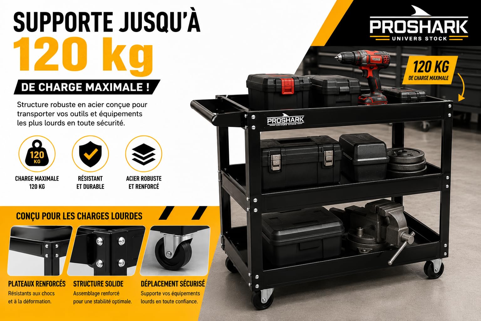 Chariot d'atelier Mobile 3 Niveaux - Charge 120 kg - 4 Roues Dont 2 pivotantes et 1 Frein - Servante de Transport - Chariot de Rangement pour Garage, Atelier et mécanicien