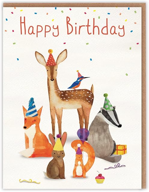Beautiful Animal Birthday Card - Watercolour of Cute Deer, Fox, Badger, Kingfisher, Squirrel and Rabbit Birthday Card For Her For Him - For Adults For Children