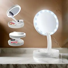 Espelho Facial Premium LED Articulável, Aumento 10x, Dupla Face Para Maquiagem, Barbear, Dobrável, Organizador Integrado, Marca VARENZIA