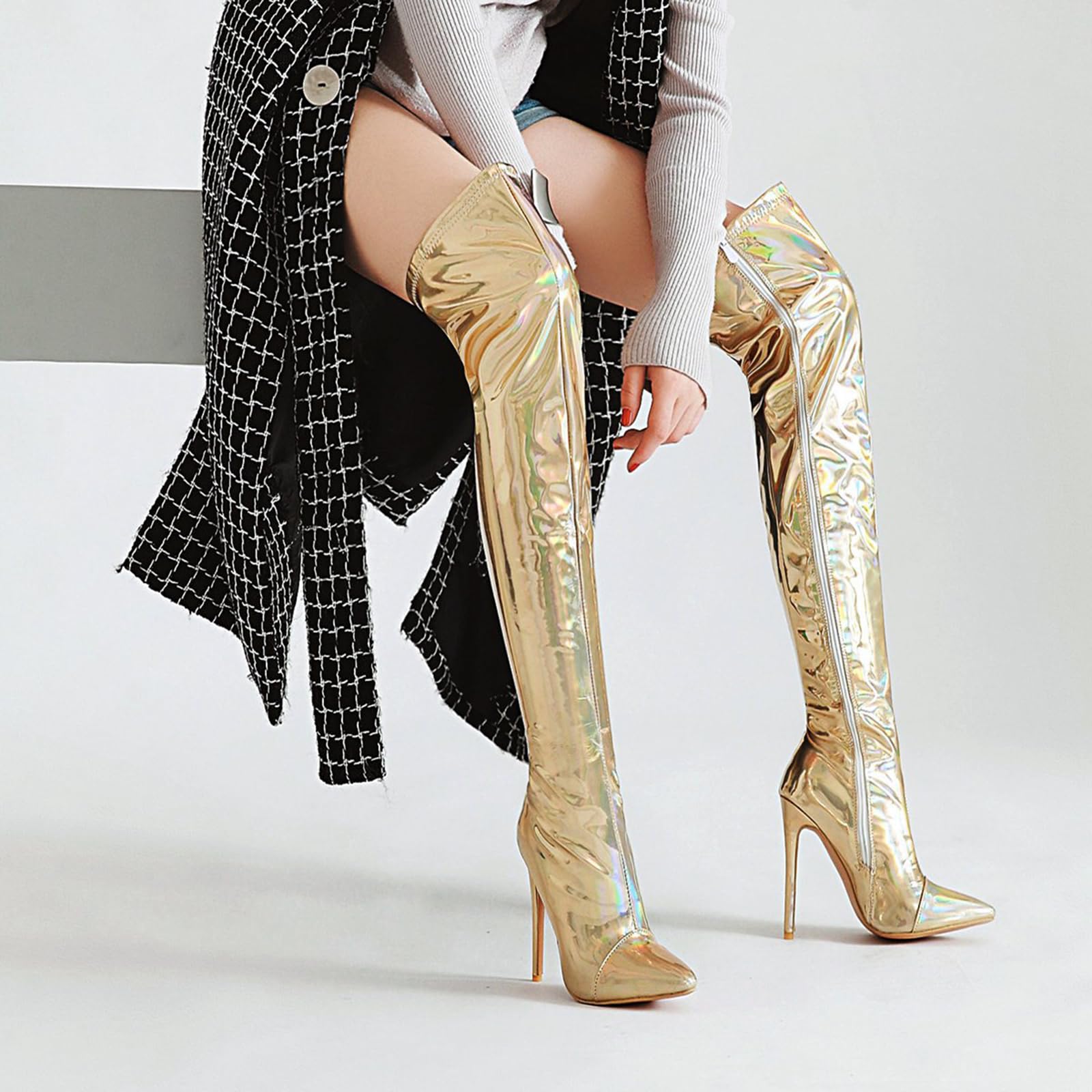 4.72IN Espejo de Charol de tacón Alto Botas Aguja Punta del Dedo del pie sobre la Rodilla Botas de Oro Etapa Rendimiento Discoteca Pasarela Zapatos de Las Mujeres,Oro,45 EU