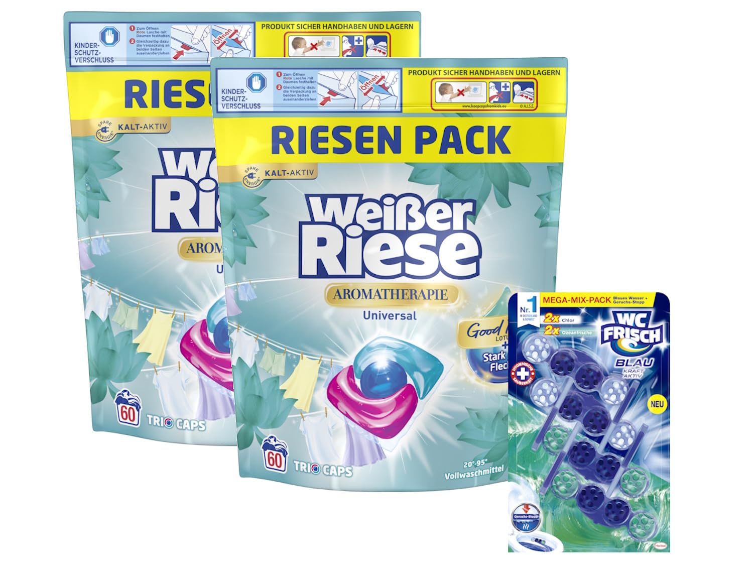 Weißer Riese Universal Trio-Caps A-Th. Lotus & Mandelöl (1x 120 WL), Vollwaschmittel mit intensivem Dufterlebnis & WC FRISCH Kraft Aktiv Blauspüler Mix Chlor + Ozeanfrische, 1x 200g
