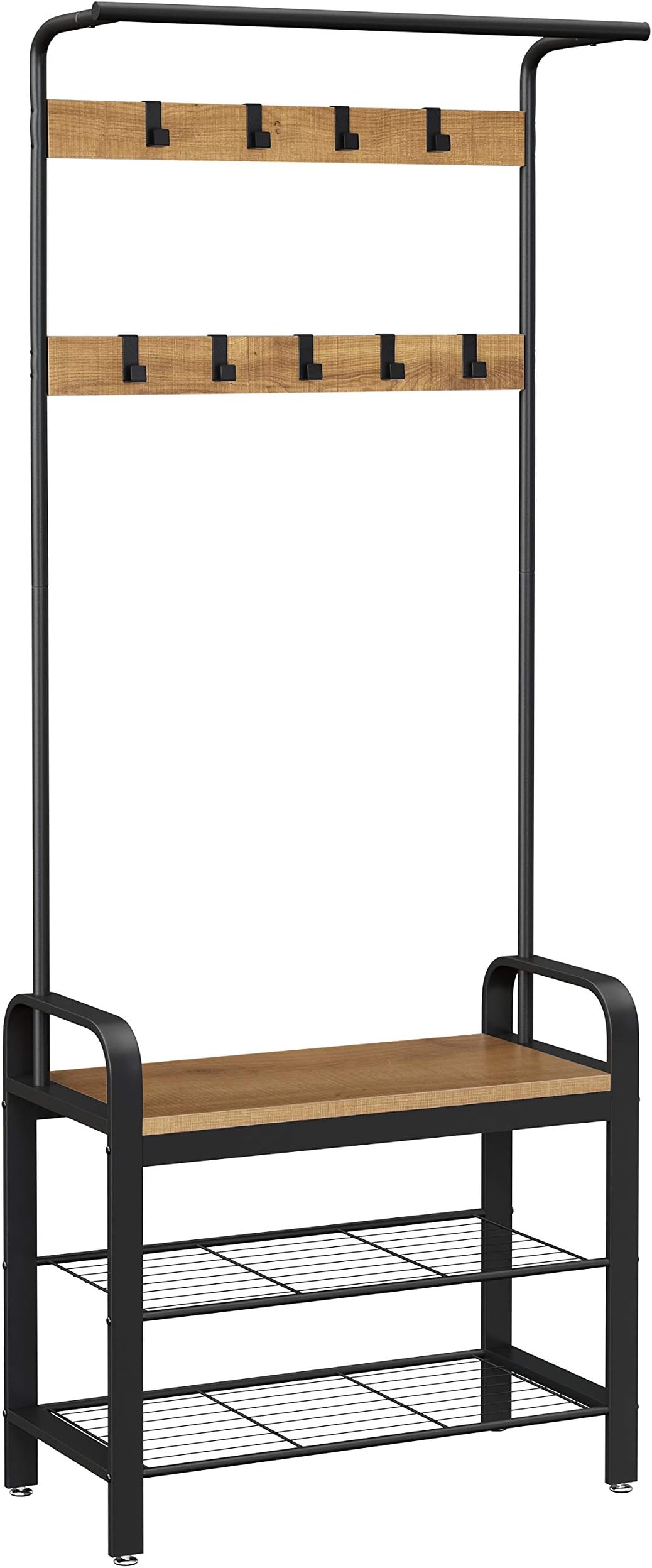 VASAGLE Coat Rack, Hall Tree with Shoe Bench for Entryway, Entryway Bench with Coat Rack, 4-in-1, with 9 Removable Hooks, a Hanging Rod, 13.3 x 28.3 x 72.1 Inches, Honey Brown and Black UHSR040B05