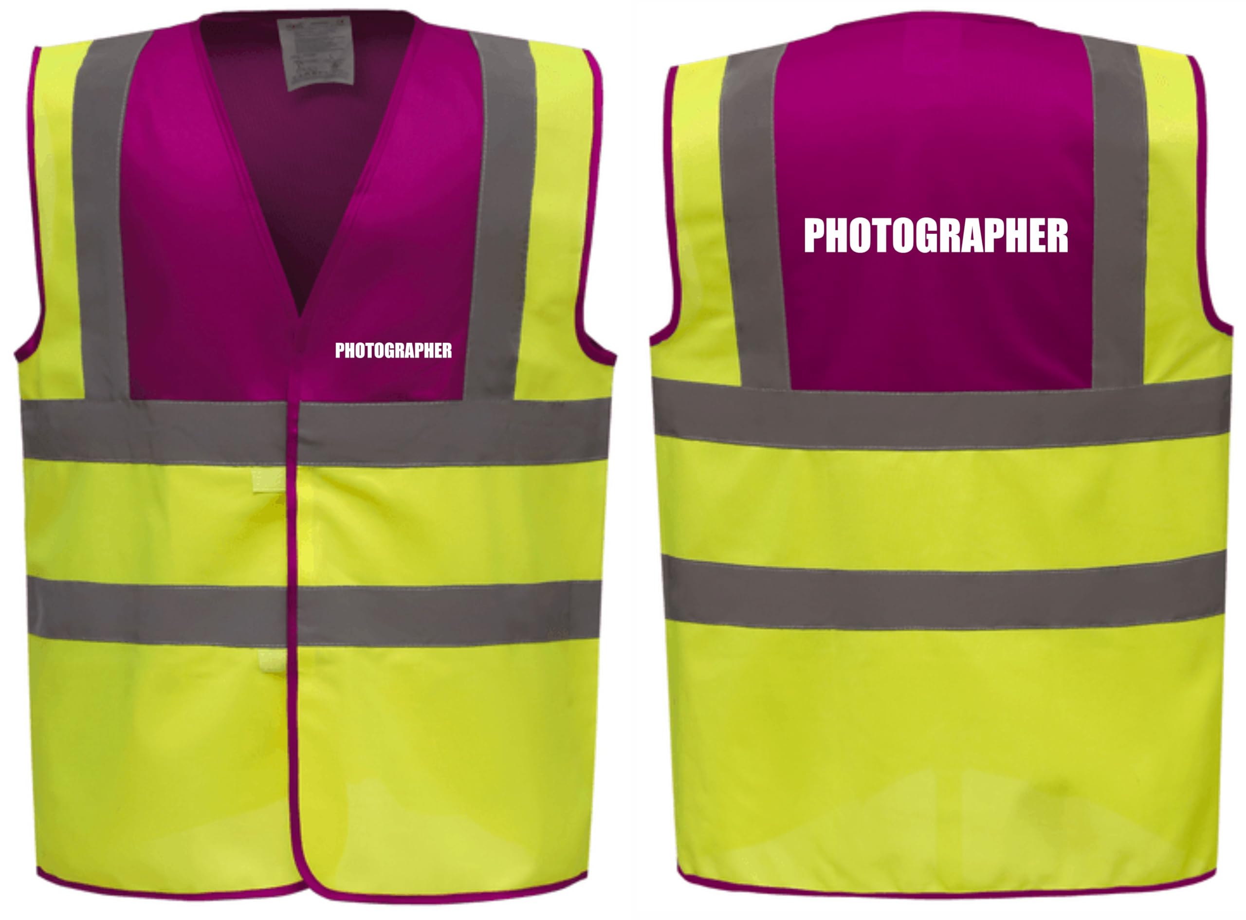 Brook Hi Vis Premium Two Tone Safety Vest - PHOTOGRAPHER Printed Front & Back, Event Management High Viz Waistcoat, Available 8 Colours Hi Vis Vest (Raspberry/Yellow, 2XL)
