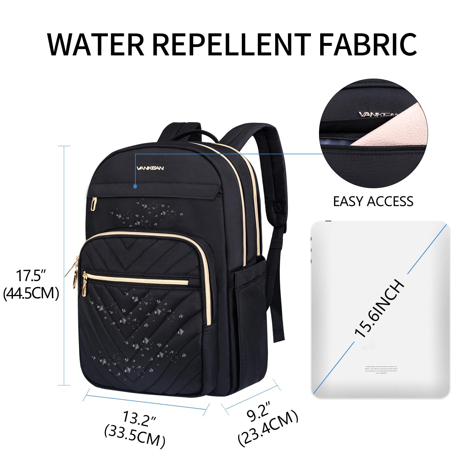 VANKEAN Sac à dos pour ordinateur portable de 17,3 pouces pour homme et femme, sac à dos tendance, sac à dos imperméable, sac de voyage élégant, sac de voyage décontracté pour université,Noir