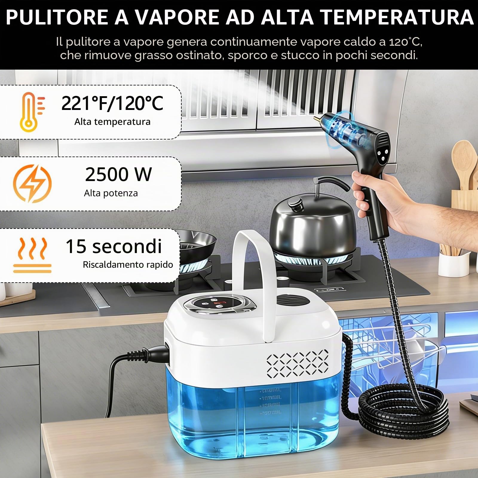 Pulitore a Vapore Portatile, 2500W Pulitore Vapore Casa, Maniglia Regolabile in 6 Livelli, Serbatoio Dell'acqua da 1700ml, Macchina per Pulizia a Vapore per Cucina, Piastrelle, Mobili