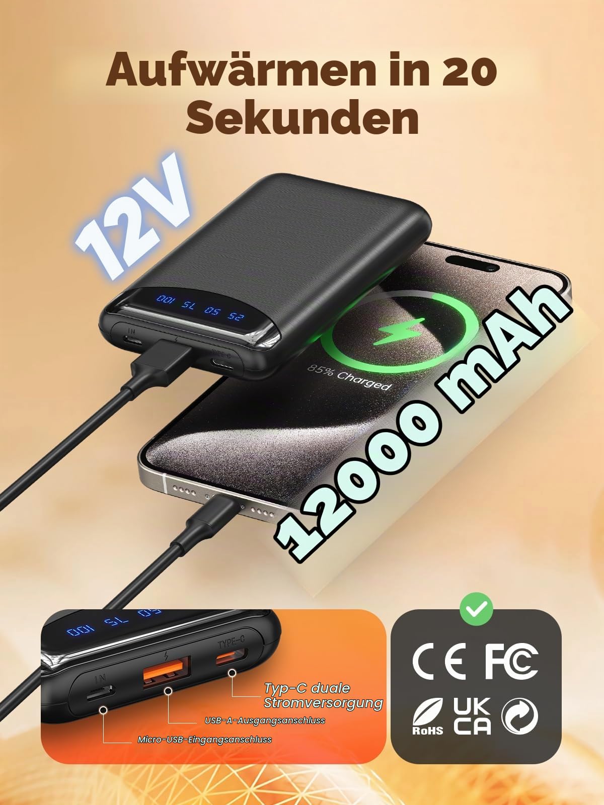Heizweste Damen mit 12V 12000mAh Akku, 4 Heizstufen & App-Steuerung, Leichte Thermo-Weste für Homeoffice, Spaziergang, Wintersport, Radfahren & Wandern (Größe L)