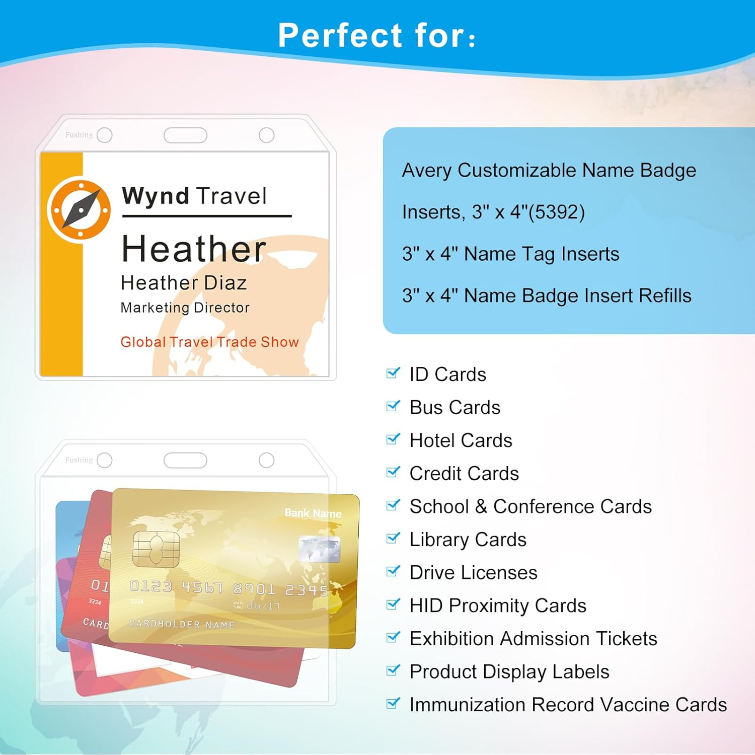 Fushing 3x4 Clear PVC No Zipper Horizontal Name Tag Holders - ID Card Holders for 3 x 4 Inch Name Badge Inserts (200)