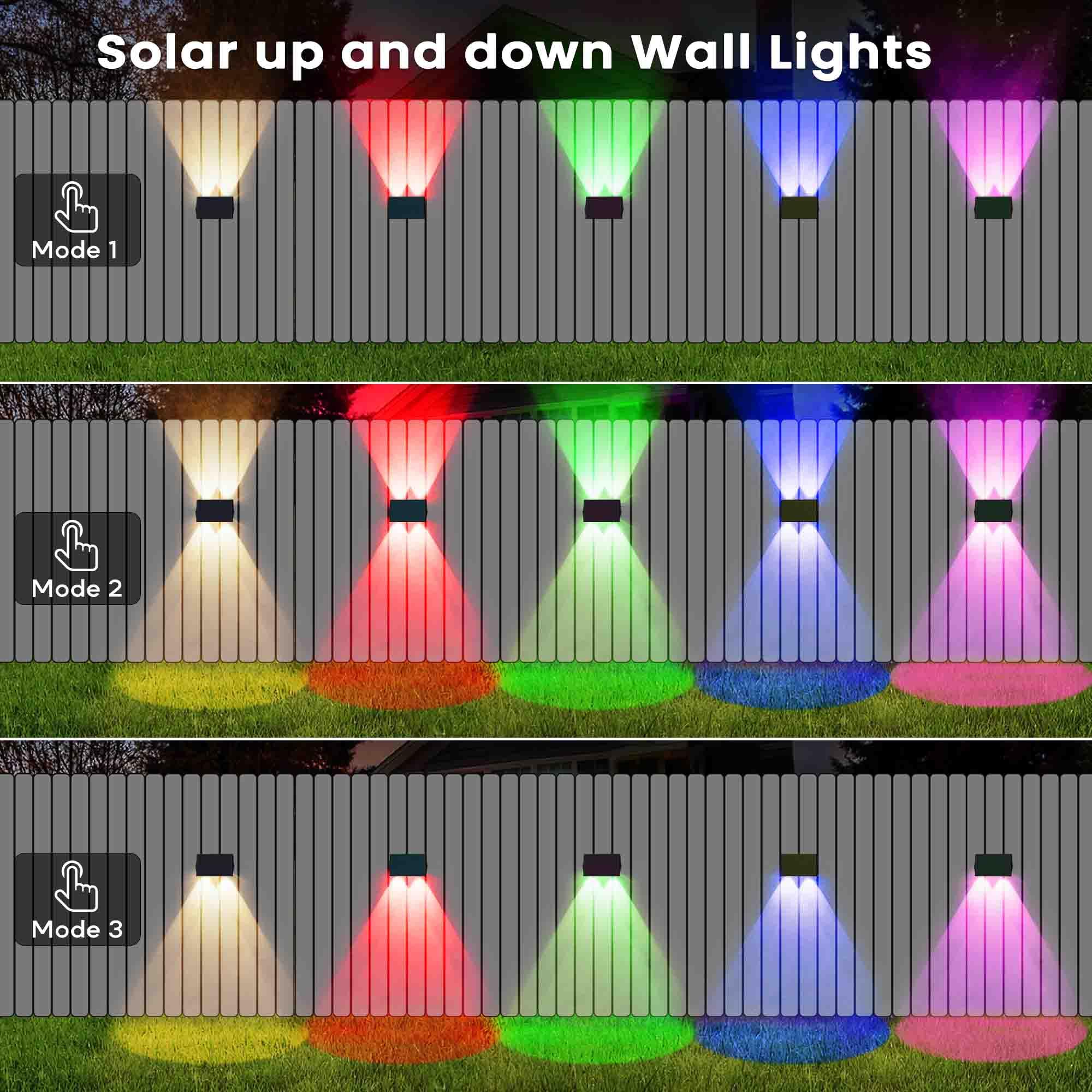 IIRARA Lampada Solare da Esterno di Nuova Generazione 2025 Alto e Basso Luci Solari Esterno Bianco Caldo e RGB Illuminazione per Esterni 100LM Applique da Esterno Solare IP67 per Vialetto 6 Pezzi