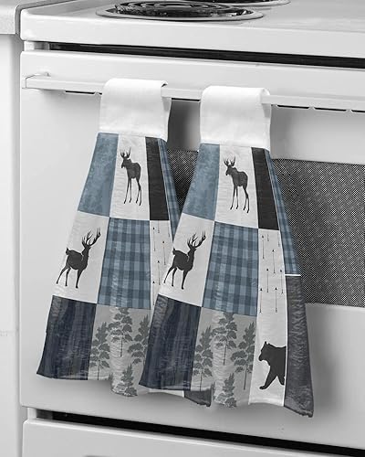 Miniatura 5 de Juego de 2 toallas de mano retro Countryside Bear Moose Woods con lazo para colgar, juego de 2 toallas absorbentes de cocina para baño, barra de té,