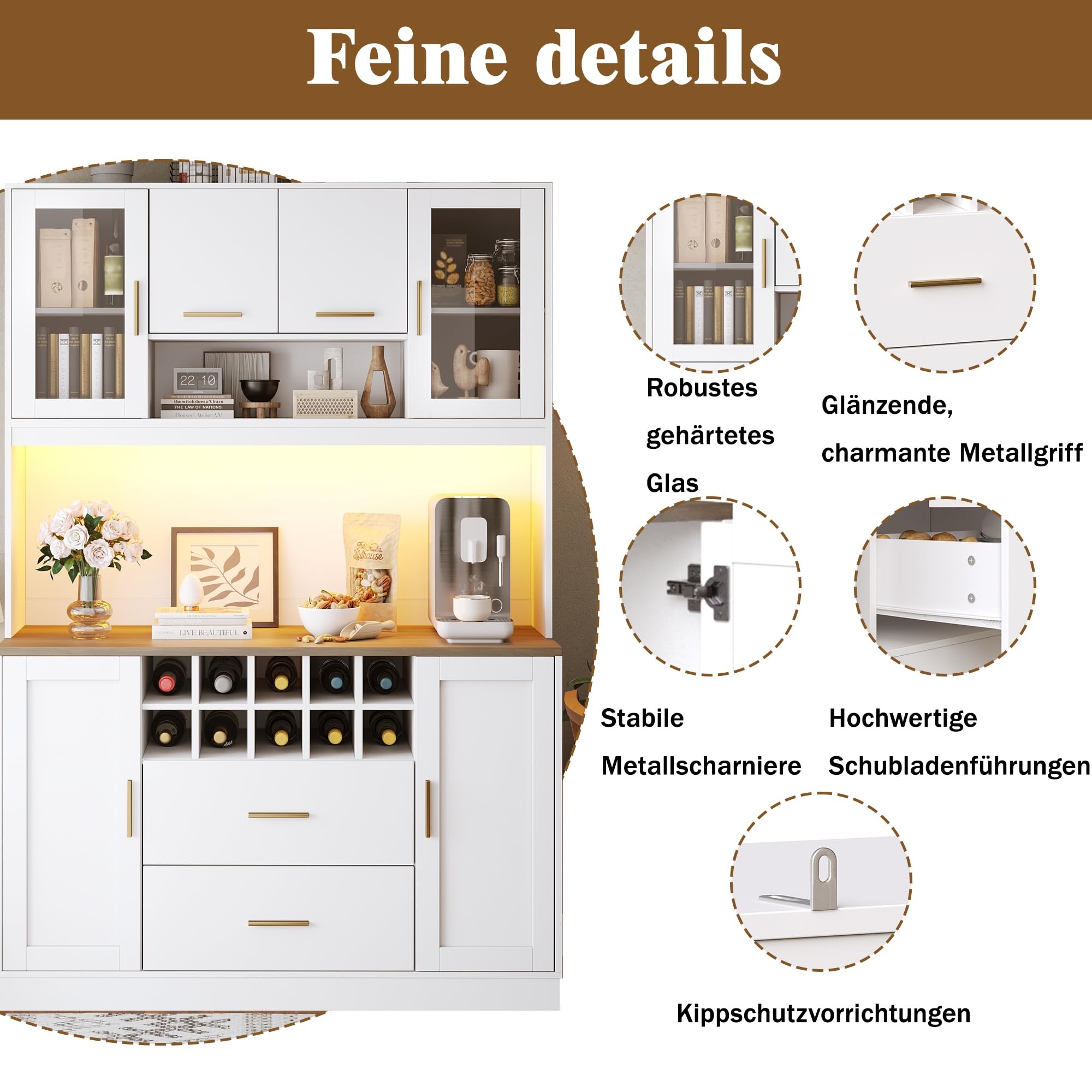 Seitenschrank, Aufbewahrungsschrank, Küchenschrank, 120x36,3x180 cm, mit LED-Beleuchtung und Steckdose, sechs Türen, Zwei große Schubladen, Weiß