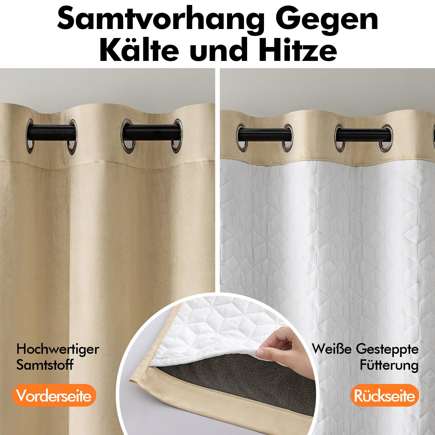 MIULEE Thermovorhang Samt, Kälteschutz Wärmevorhang, Beige, 132x225cm 1er | Doppellagiger Samt-Thermovorhang mit Gestepptem Futter, Blickdicht, Kälteschutz für Haustüren im Winter