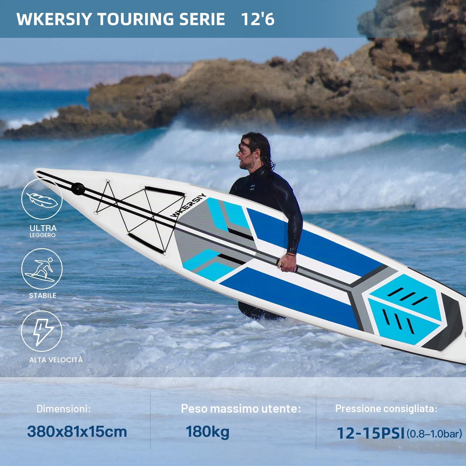 WERSIY Tavola SUP Gonfiabile 380cm – Tavola da Paddleboard Premium per Touring, Corsa e Lunga Distanza, iSUP Veloce e Stabile con Kit Completo di Accessori (Pagaia, Pompa, Guinzaglio, Zaino)