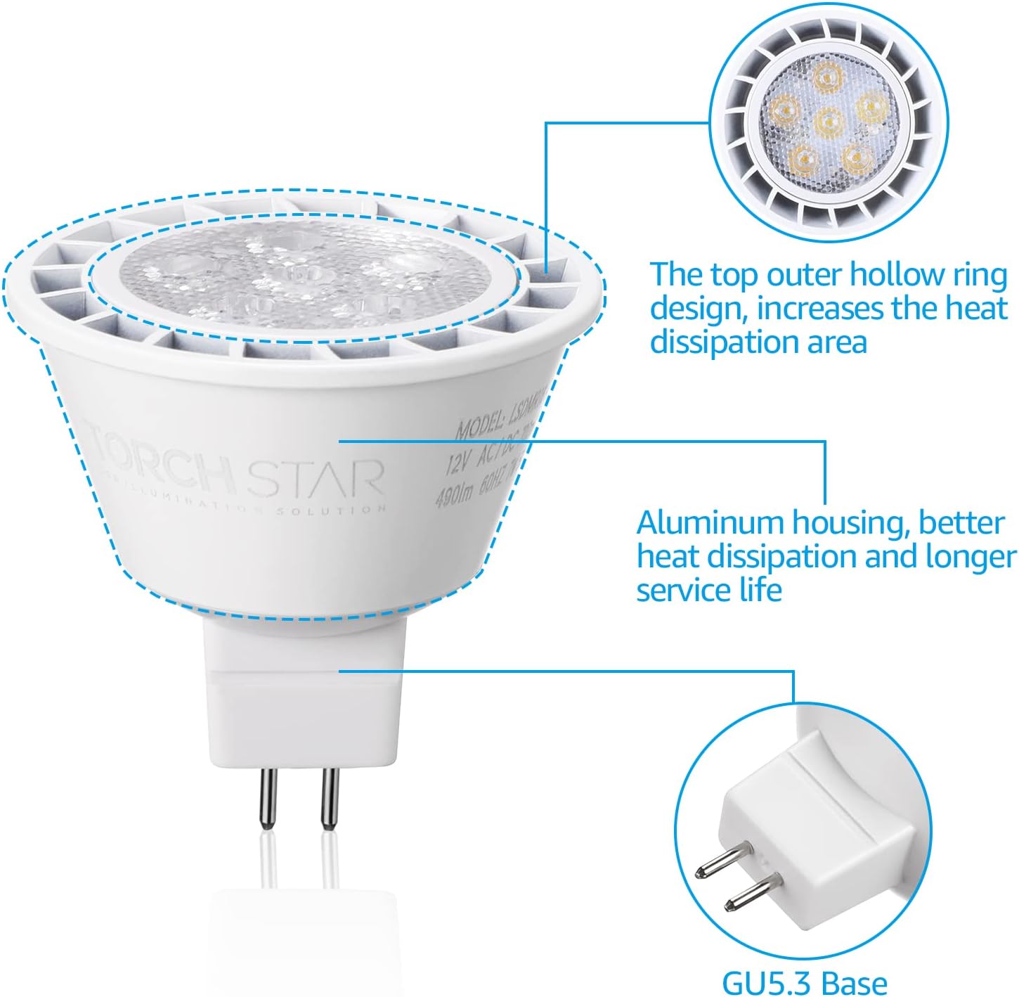TORCHSTAR 12-Pack MR16 LED Bulb Dimmable, ‎Aluminum, GU5.3 7W 50W Equivalent, 5000K Daylight, Recessed Track Lighting Spot Lights, 490LM LED Bulb, UL Listed, 12V Low Voltage Light Bulbs