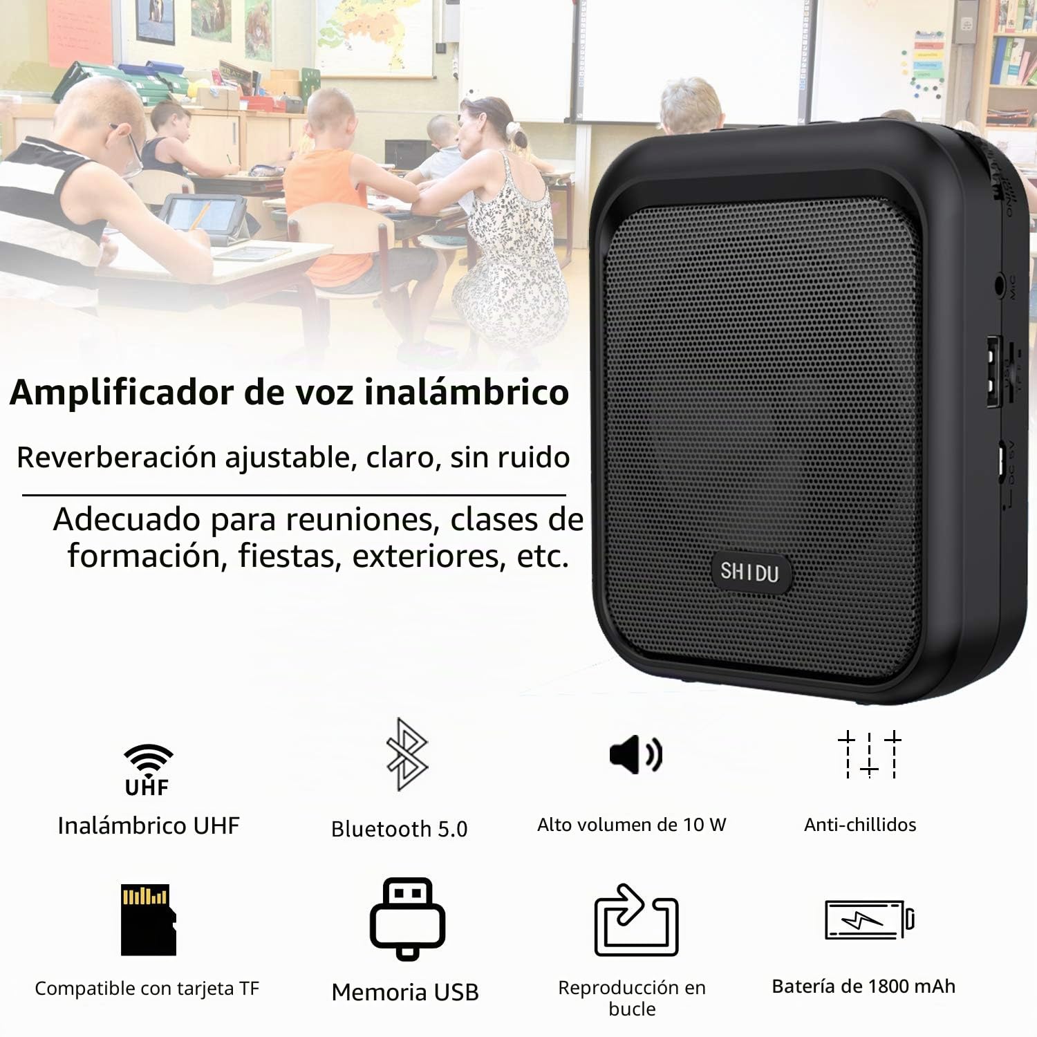 SHIDU Mini Amplificador de Voz Altavoz Bluetooth Portátil con Micrófono Inalámbrico UHF Auriculares 10W 1800mAh Sistema de PA Admite Audio en Formato MP3 para Profesores,Entrenadores, Guía Turístico