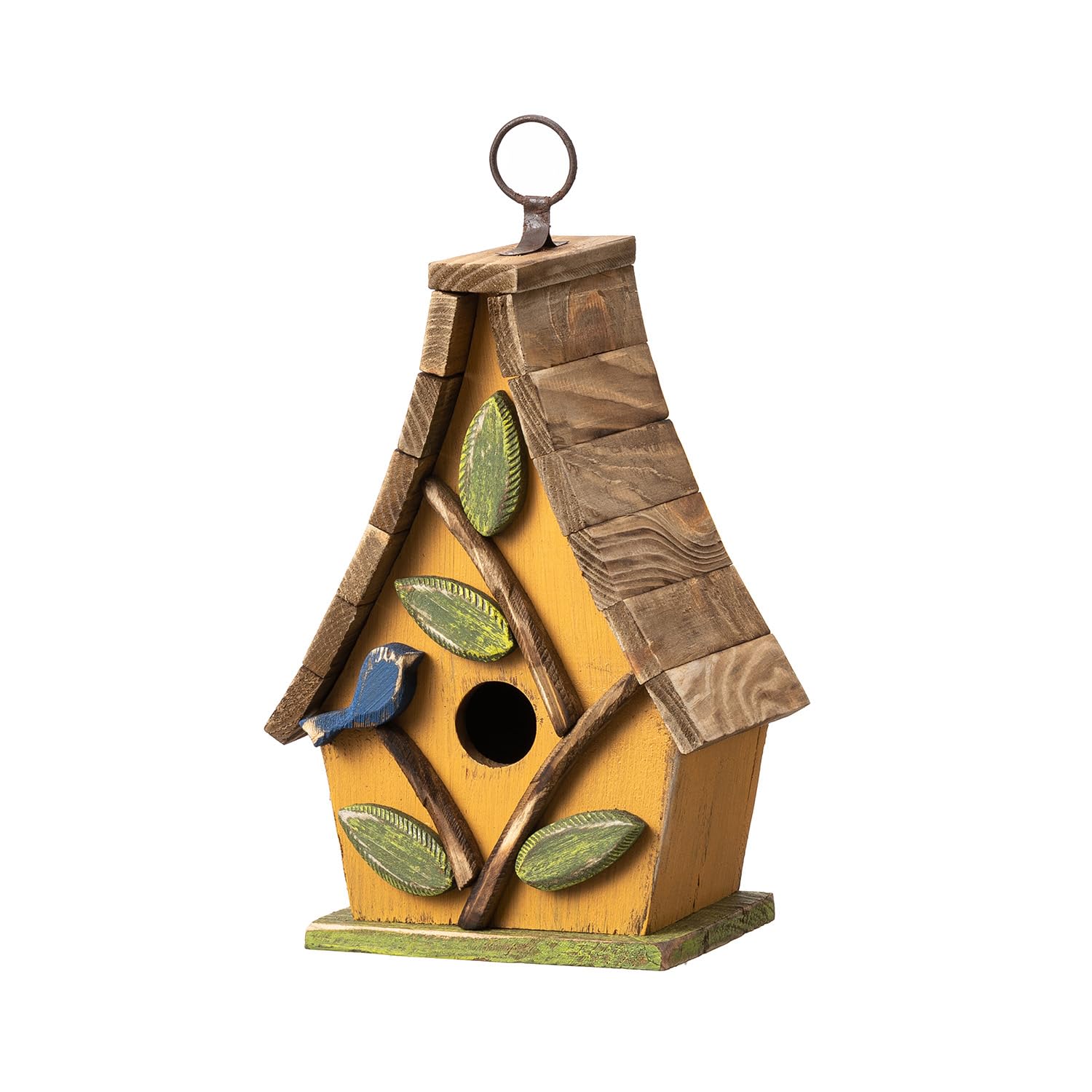 Glitzhome Bird Houses for Outside, Bluebird Houses for Outdoors, 9.5"H Hanging Bird House Decorative Solid Wood Birdhouse with Natural Wood Pallet Roof for Hummingbird,Sparrow,Wren Finch,Washed Yellow