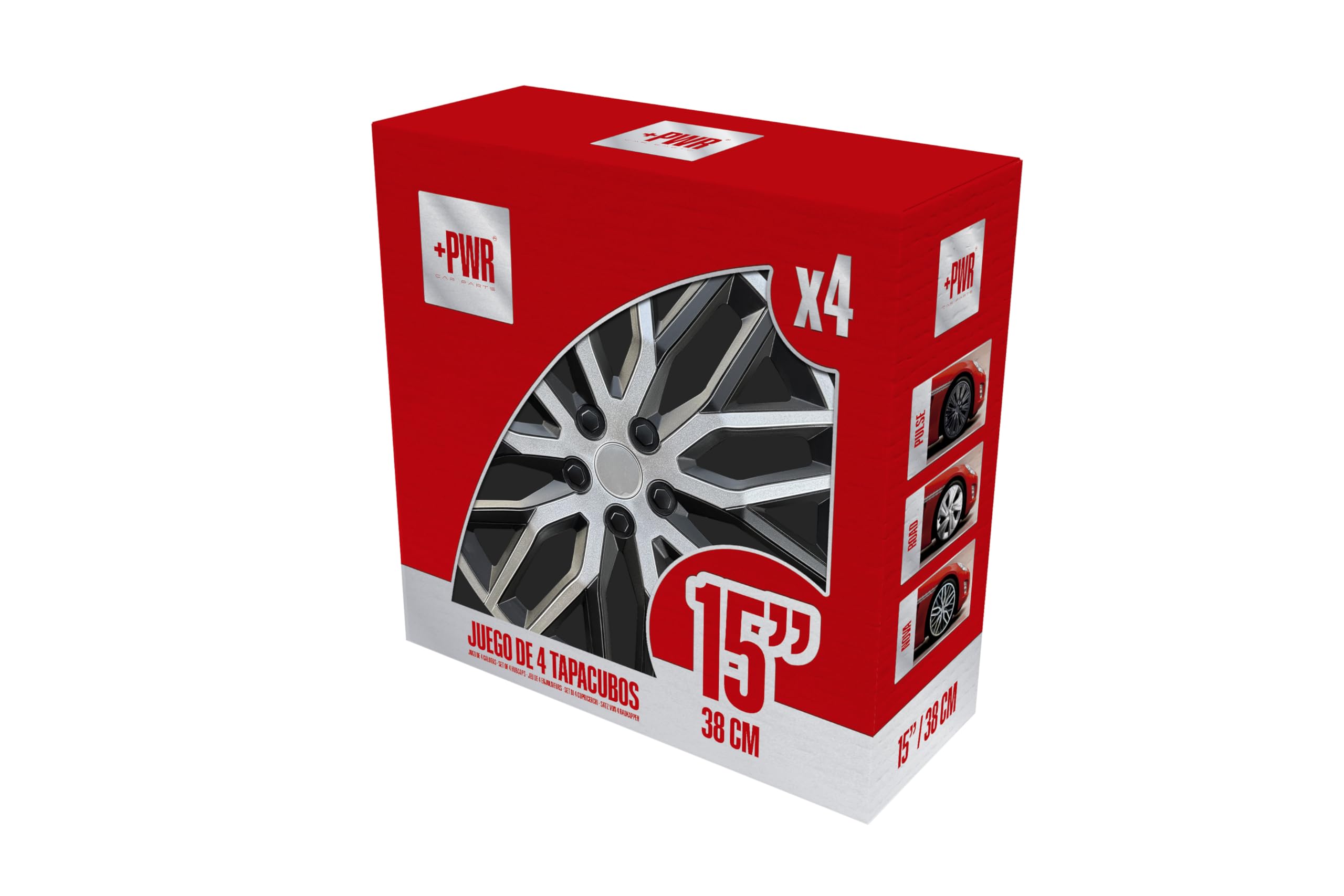 Copricerchi 15" Nova Nero/Argento, Set di 4 unità, Universali, ABS ad alto impatto, Fissaggio a pressione, Design moderno e ventilazione ottimizzata