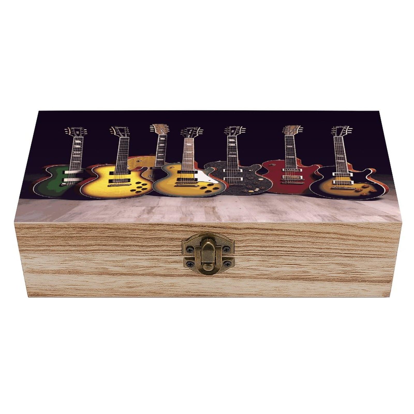 Btcowzrv Style Guitar Collection Wooden Storage Box, Keepsake Box With Hinged And Retro Lock, Wood Jewelry Organizer For Photos & Mementos And Home Decor