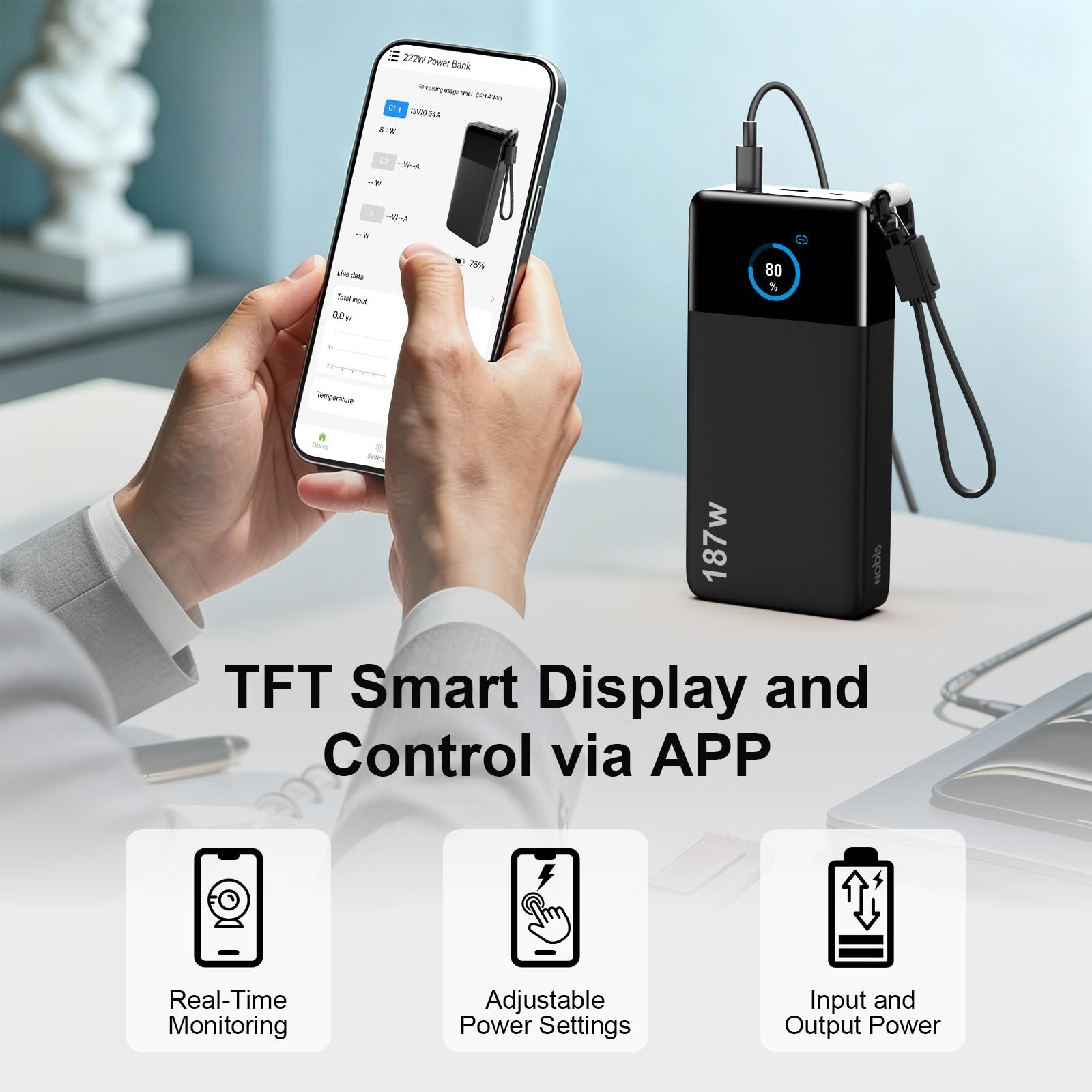 Nobis Power Bank 25000mAh 187W Laptop, 3 Porte Ricarica Rapida (100W Max) | Caricatore Portatile con cavo C-C Staccabile, display TFT, essenziale viaggi, per iPhone 17/16/, Tablets e Altro Ancora