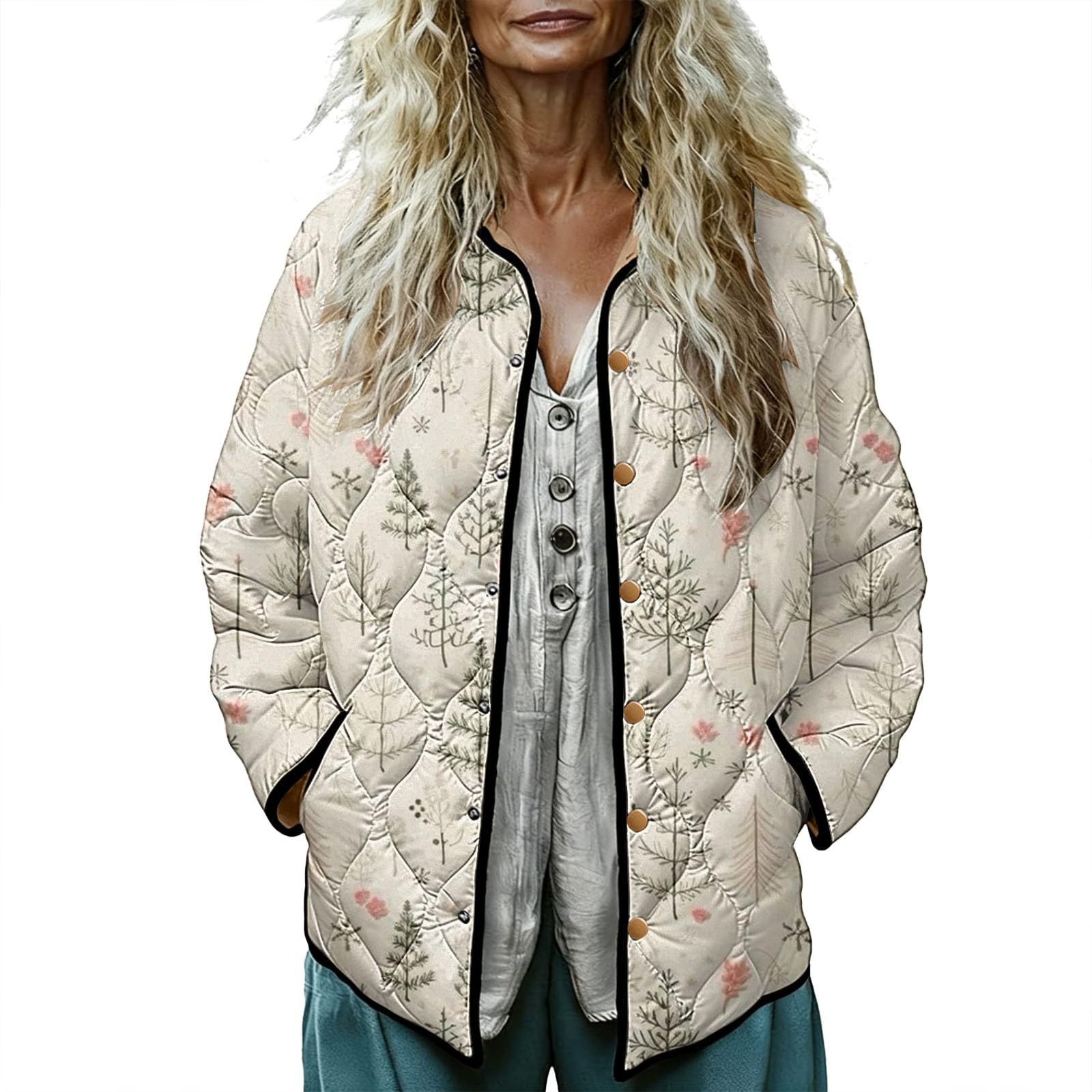Cocila Printed Plus Size Women's Winter Quilted Jacket Long Sleeved Button Down Lightweight Padded Giacche Invernali Giacca Double Face Donna Giacca Nera Donna Lunga Felpa Aderente Felpe