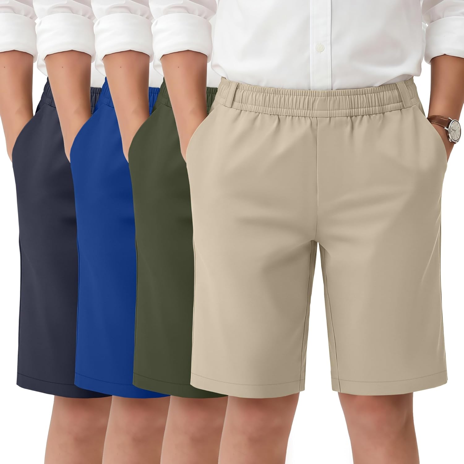 4 Pack Boys' Uniform School Shorts 5-14Y Straight Fit Stretch Dressy Kids Shorts Elastic Waist with Pockets