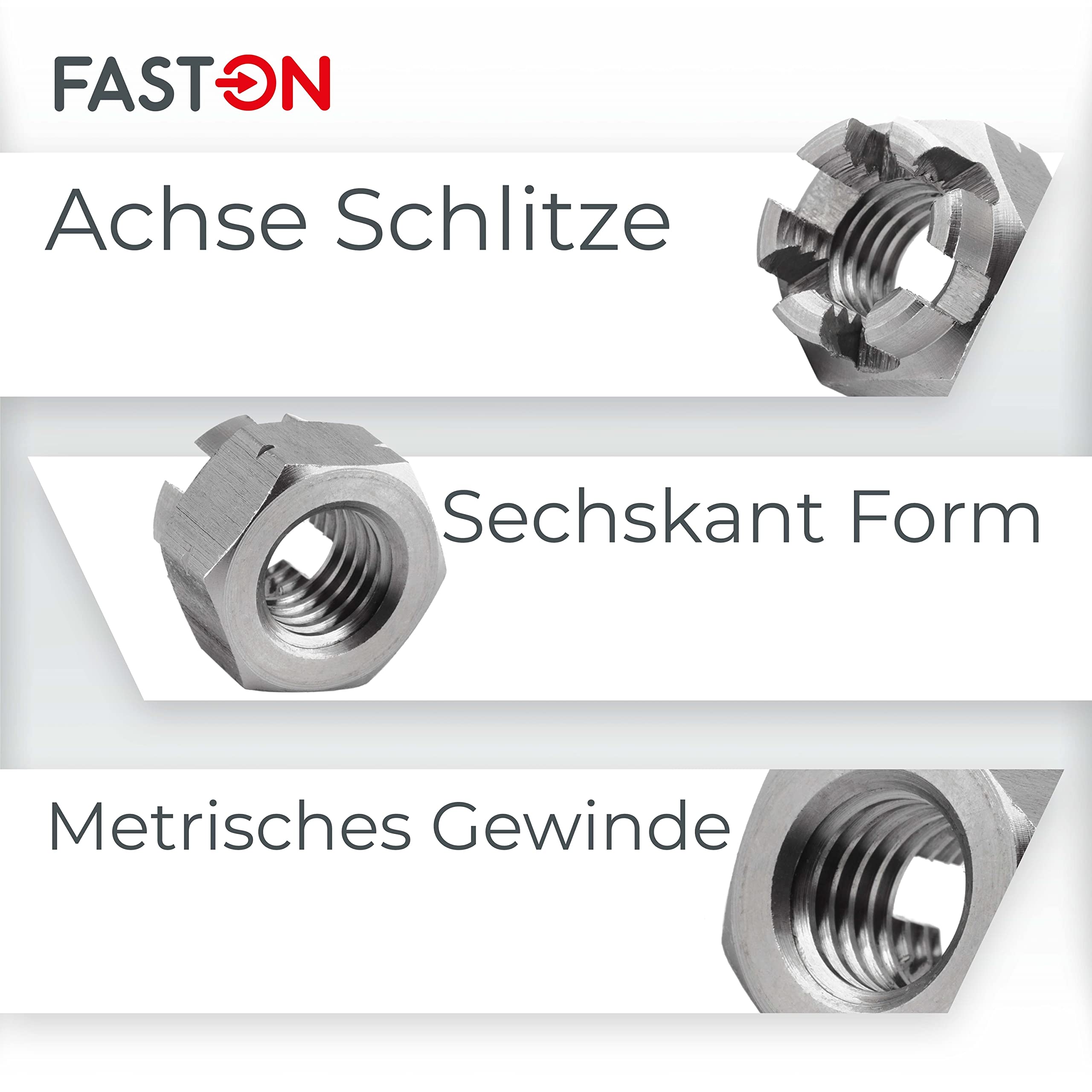 FASTON® Kronenmutter M16 DIN 935 rostfreier Edelstahl A2 V2A (10 Stück) Sicherungsmuttern Kronenmuttern Sechskantmutter Stoppmuttern Sechskant-Muttern Sicherungsmutter Muttern Rostfrei