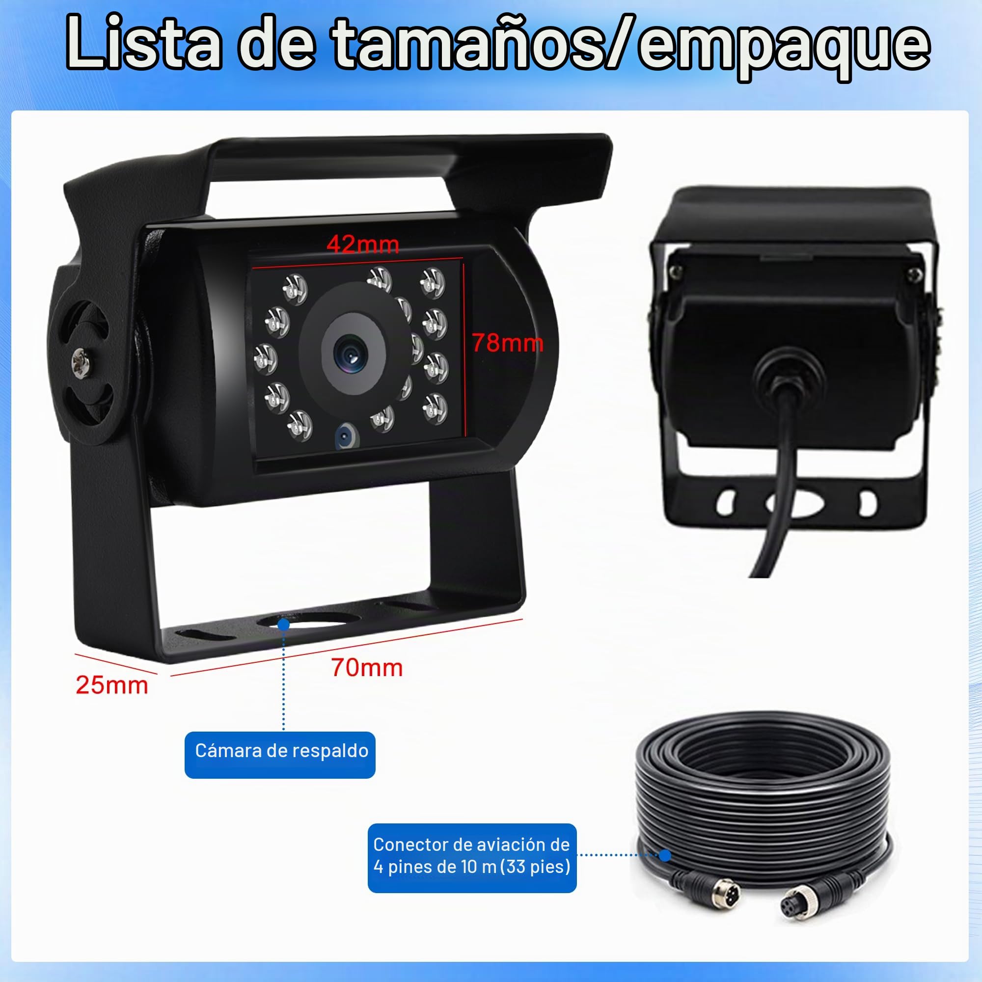 Rimoody Camara Marcha Atrás de Coche 18IR Visión Nocturna sin Línea de Guía sin Cambio de Color, Impermeable, 4 Pines, Conector de Aviación, Cámara de Visión Trasera para Bus/RV/Camión/Remolque 9V-36V