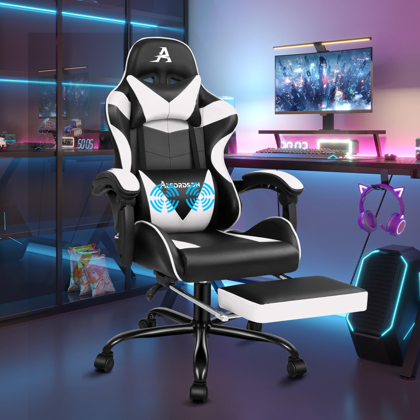 ALFORDSON Sedia Gaming Massaggiante, Sedia Gamer Professionale, Cuscino Lombare & Poggiatesta, Poltrona Ergonomica da Ufficio con Poggiapiedi, Portata 180 kg, Regolabile 90-150°, Similpelle(Bianca) | Poltrona Gamer in Similpelle Serie VOGLER, Schienale re
