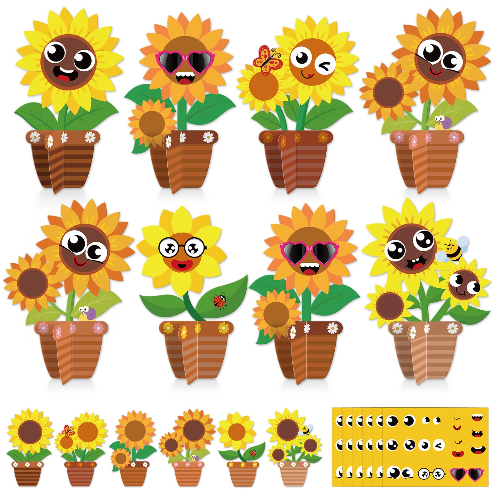 Qyeahkj 36 Set Fall Summer Sunflower Crafts Kit Make Your Own Sunflower Stickers Bulk DIY Paper Arts and Crafts Cartoon Face Spring Floral Gifts
