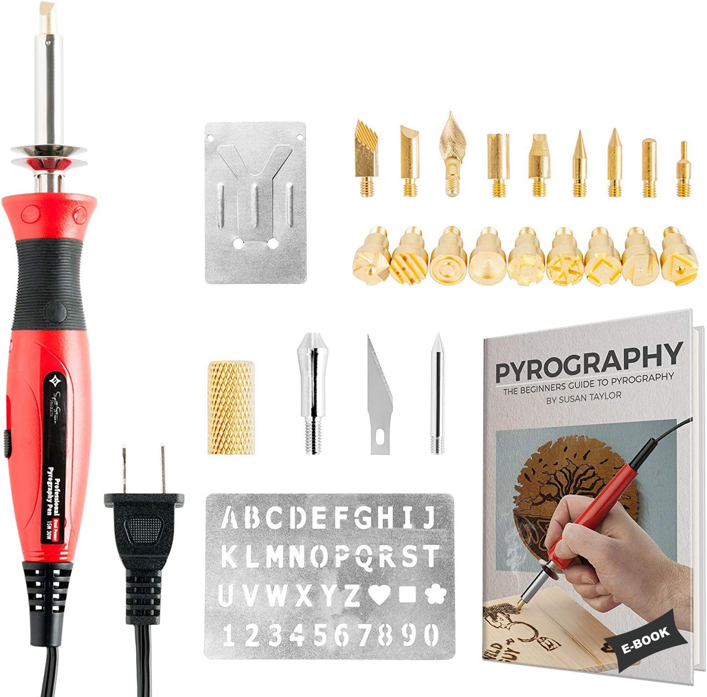 Wood Burning Kit + Free Beginners Guide, Best Pyrography Pen/Woodburner Tool with Adjustable Temperature, 21 PCS Carving/Embossing/Soldering Tips, Stencil, Carving Knife, Stand + Carrying Case