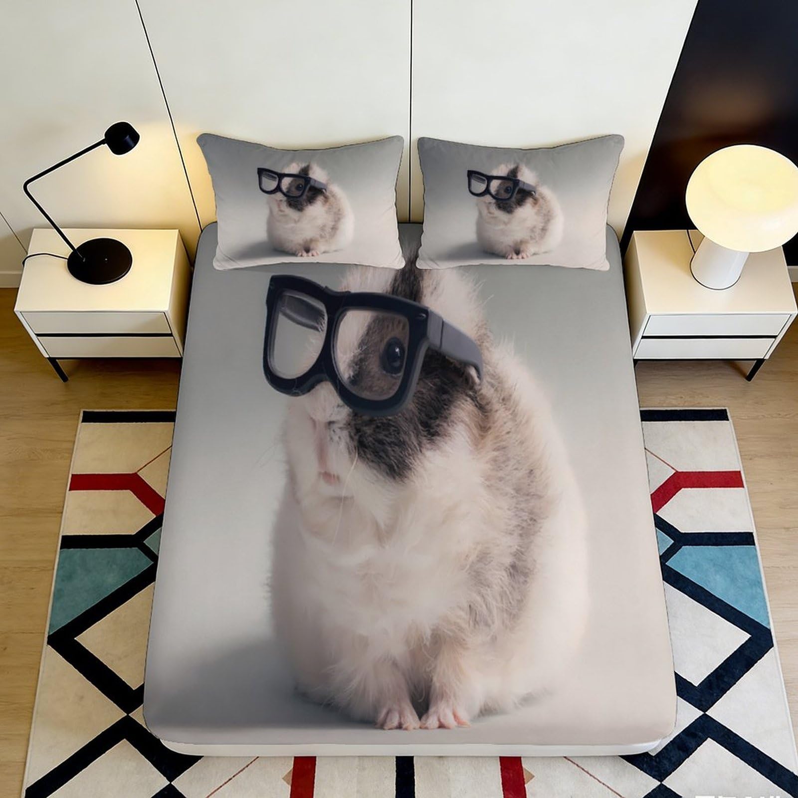 3D Printed Cute Hamster Fitted Sheet Microfiber Soft Breathable Funny Glasses Bed Cover for Bedroom Dorm Mattress Protection Decor 90x200x25cm