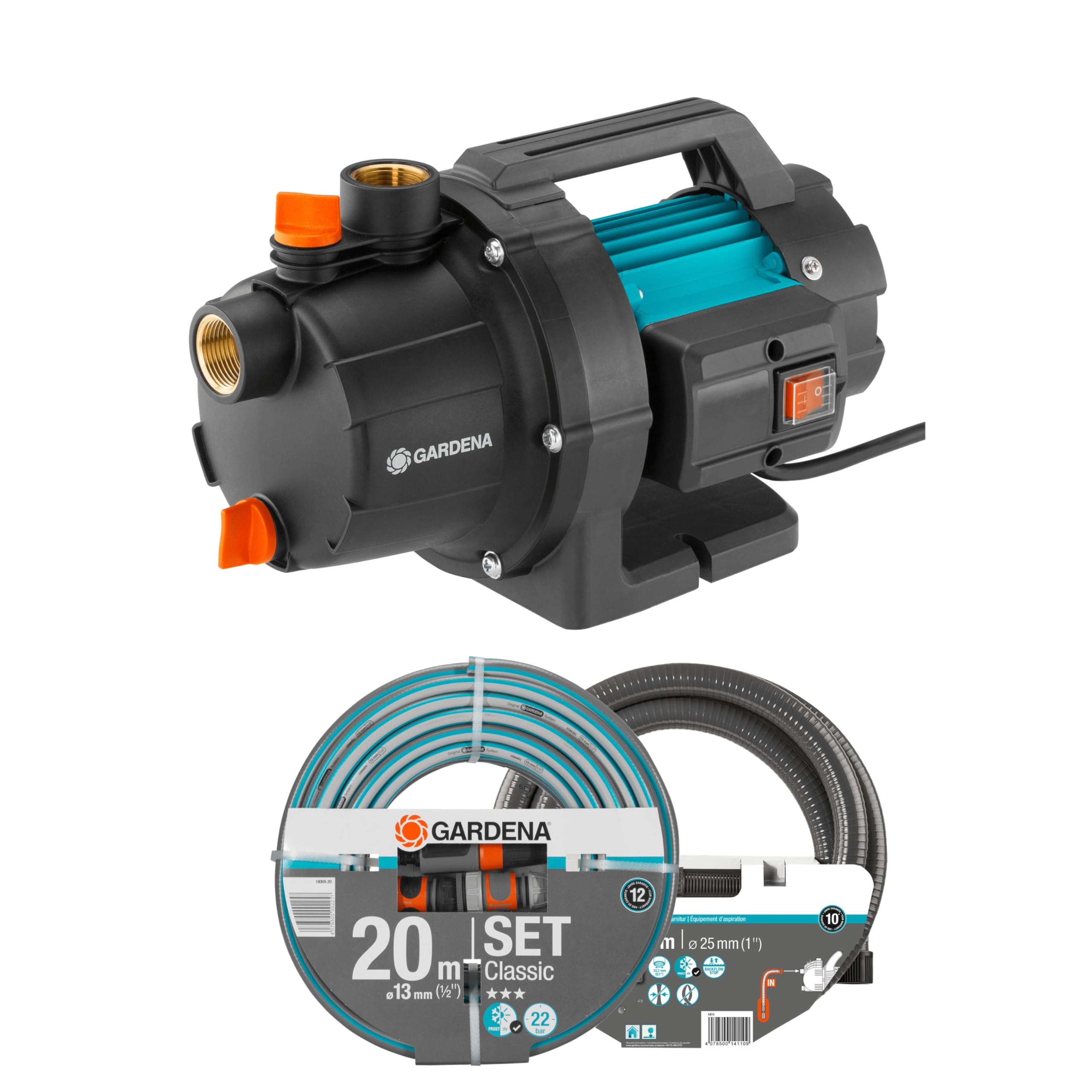 GARDENA Set pompa da giardino 3000/​4 Basic: pompa di irrigazione incl. set aspirazione 3,​5m e tubo Classic 20m, lancia e accessori di raccordo, portata 3000l/​h, 600W, albero in acciaio inox (9011-​47)