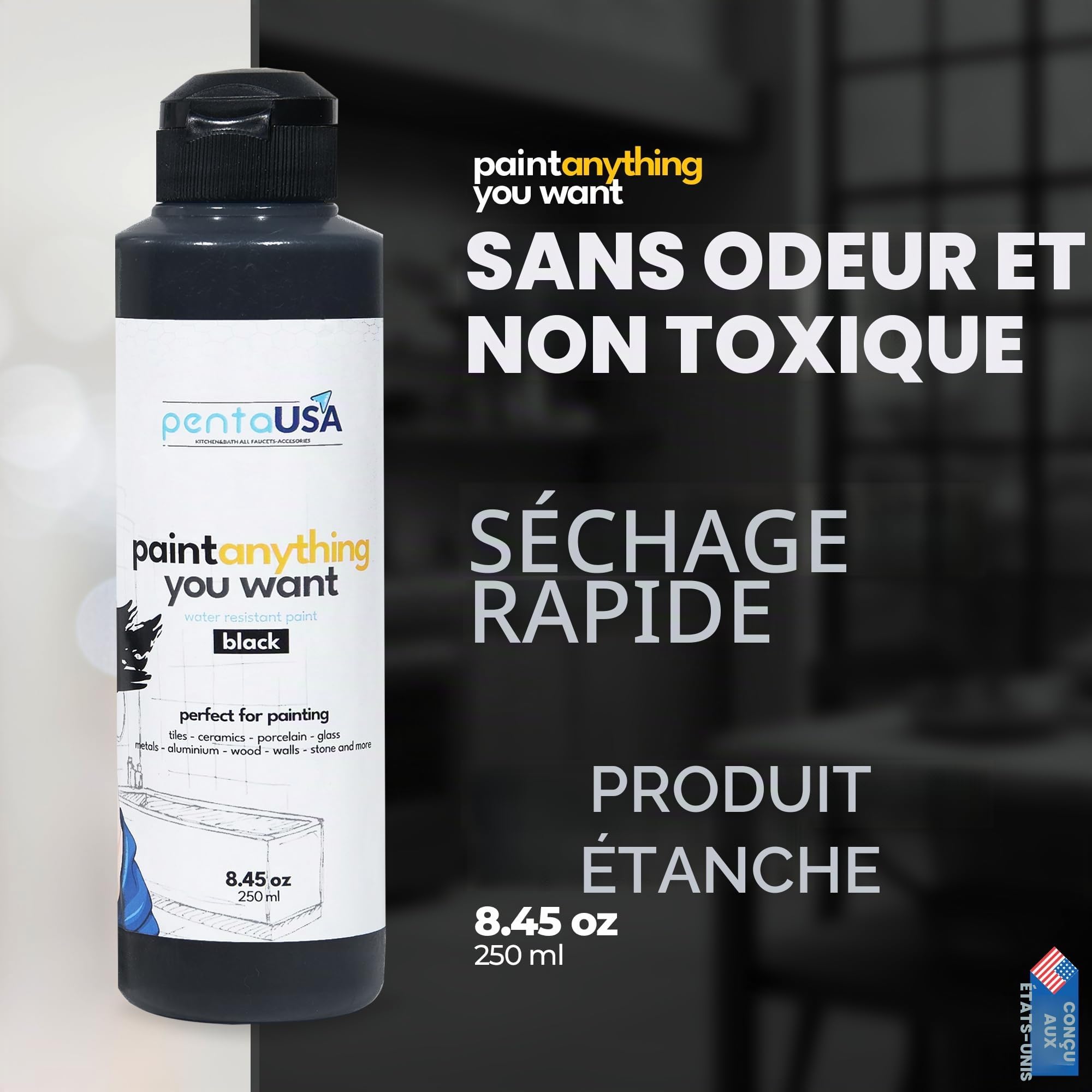 PENTAUSA Peinture Multisupport – Pour Bois, Armoires de Cuisine, Céramique, Métal, Carrelage – Mate, Lavable & Sans Apprêt (Noir, 250 ml)