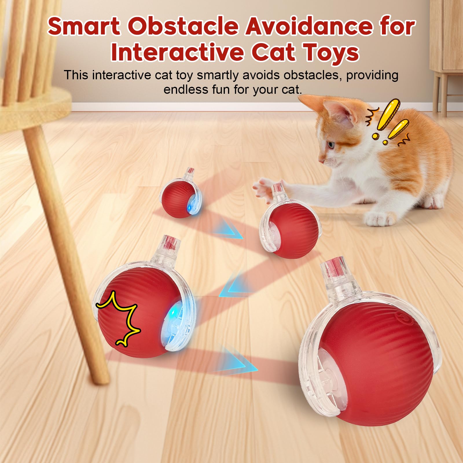 Interactive Dog & Cat Electric Active Toys, Smart Rolling Ball for Dogs & Cats, 360° Smart Automatic Rolling Pet Ball, Fast Moving Toy for Bored Indoor Kitty, Rechargeable(Red) - image 3