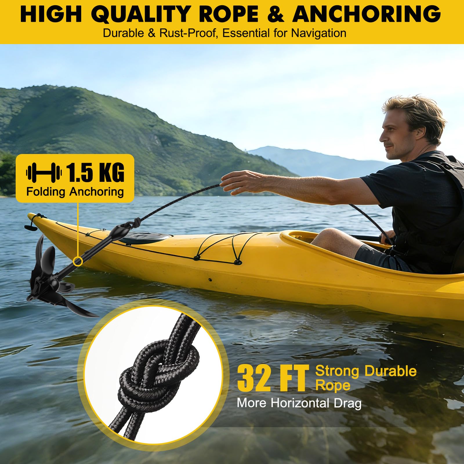 Ancoraggio pieghevole per barche, 1,59 kg, set di ancoraggi pieghevoli con corda di ancoraggio da 12 m, per gonfiabile, barca, SUP, paddle