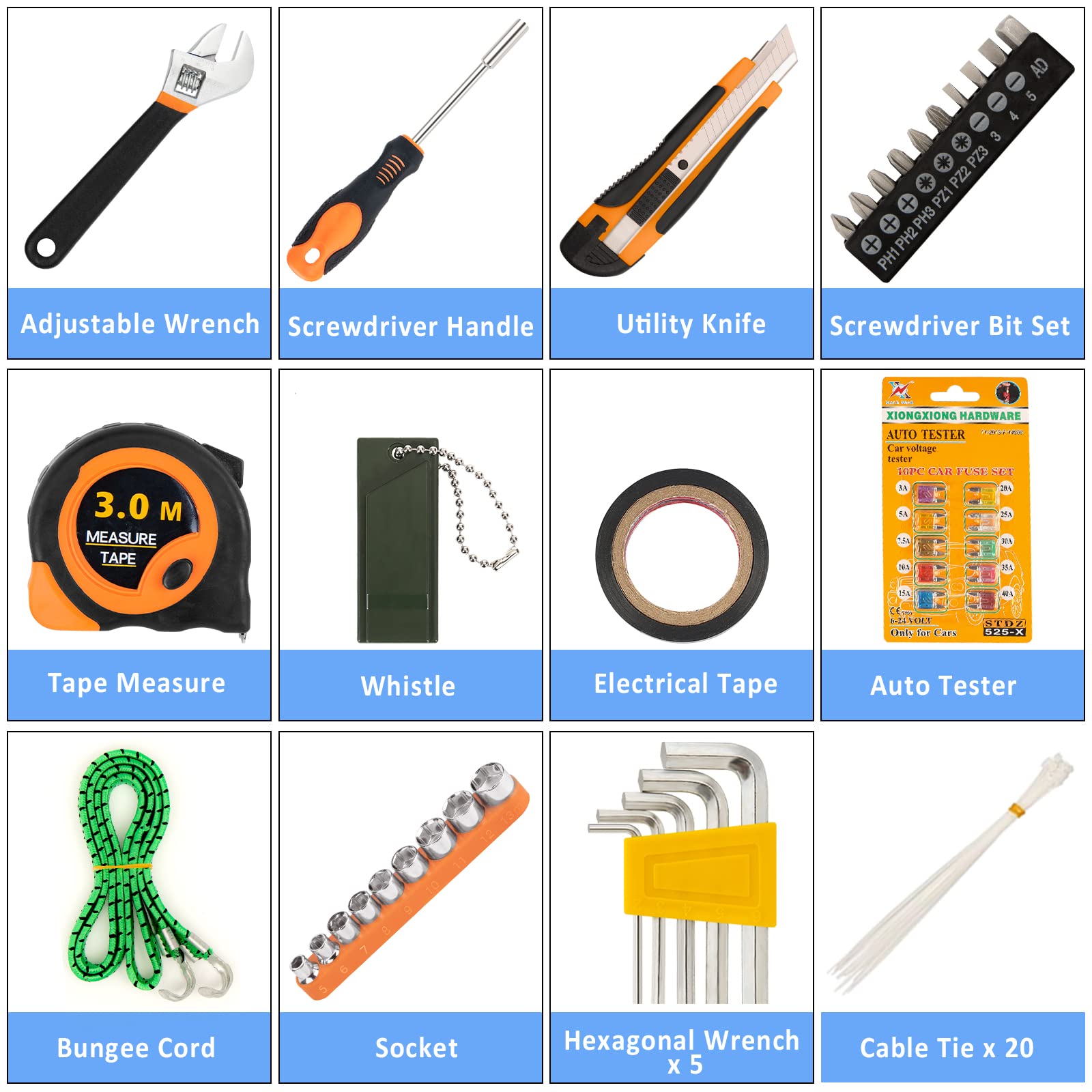 AUTODECO 98 PCS Roadside Car Emergency Assistance Kit with Portable Air Compressor Jumper Cables Safety Hammer All in One Pliers Tool Set（Orange）