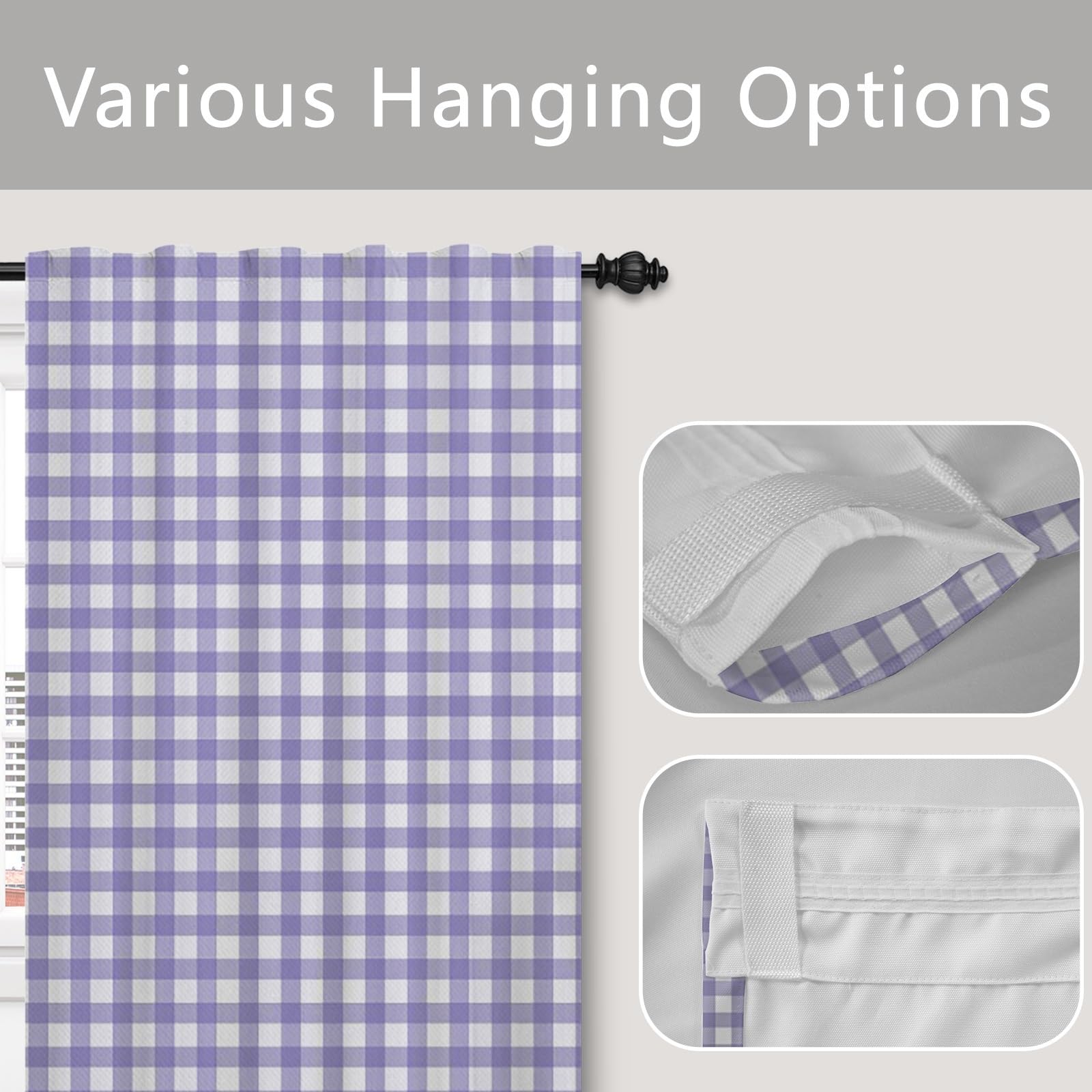 Cortinas a Cuadros de Guinga Dormitorio UVA Púrpura Geométrico Bolsillo para Varilla Sala de Estar Granja Rústica Exterior Puerta Privacidad 135x245cm 2 Paneles