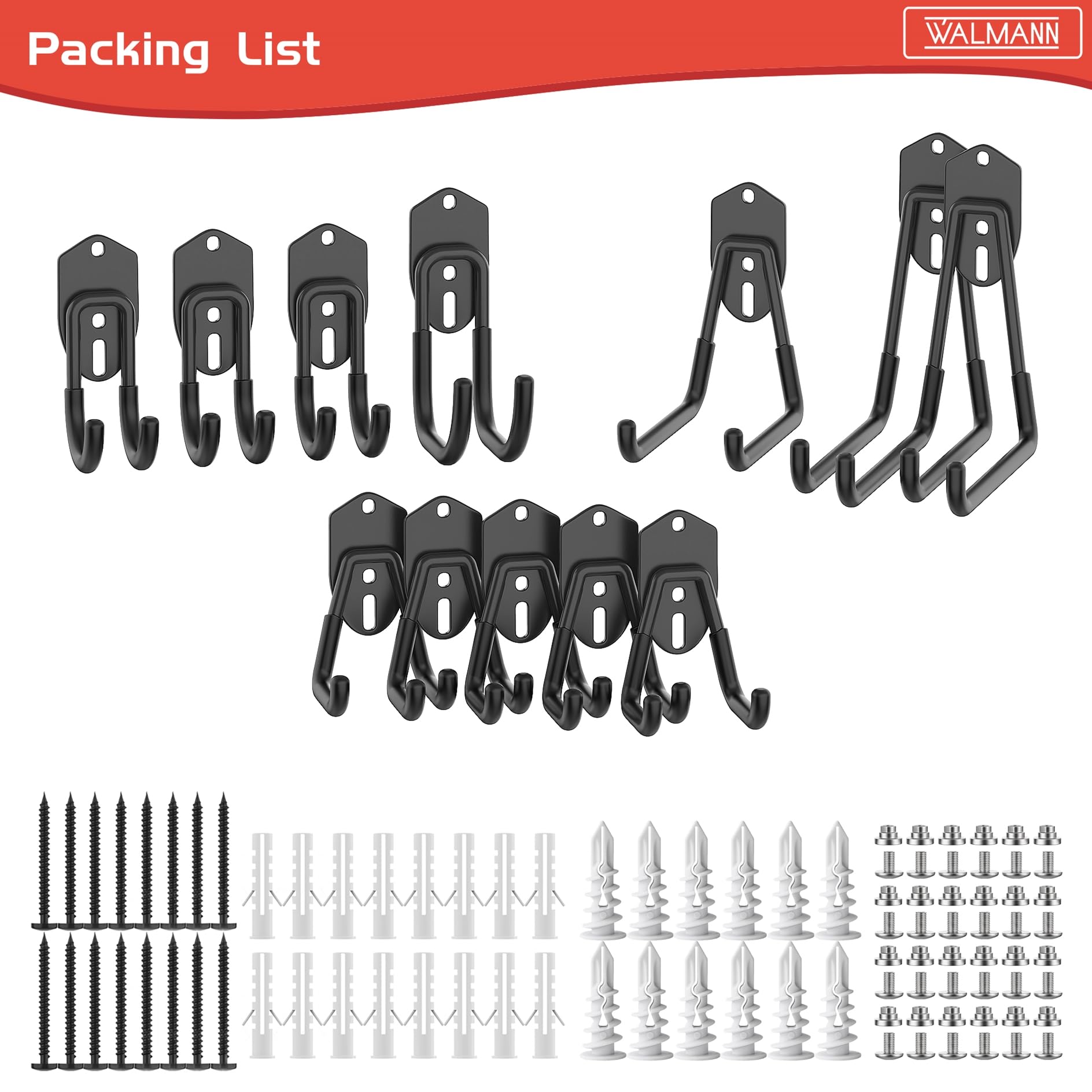 WALMANN 12 ganchos de almacenamiento de garaje, ganchos de montaje en pared para herramientas, escaleras, cables, sillas plegables, palas y rastrillos, ganchos de estantería para estanterías (negro)